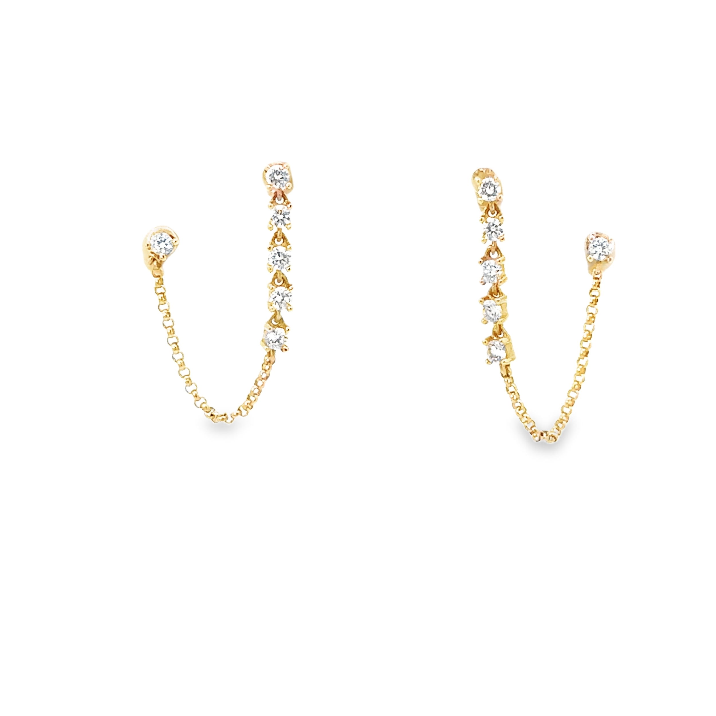 This stud set features diamond drops connected by a chain at the bottom to a single diamond stud, for a sleek and different look. The design creates a cascading effect, adding an elegant touch of sparkle and sophistication to any ensemble.-14k Yellow gold-Round white diamonds, 0.32ctsItem# 805-01472 Double Stud Chain
