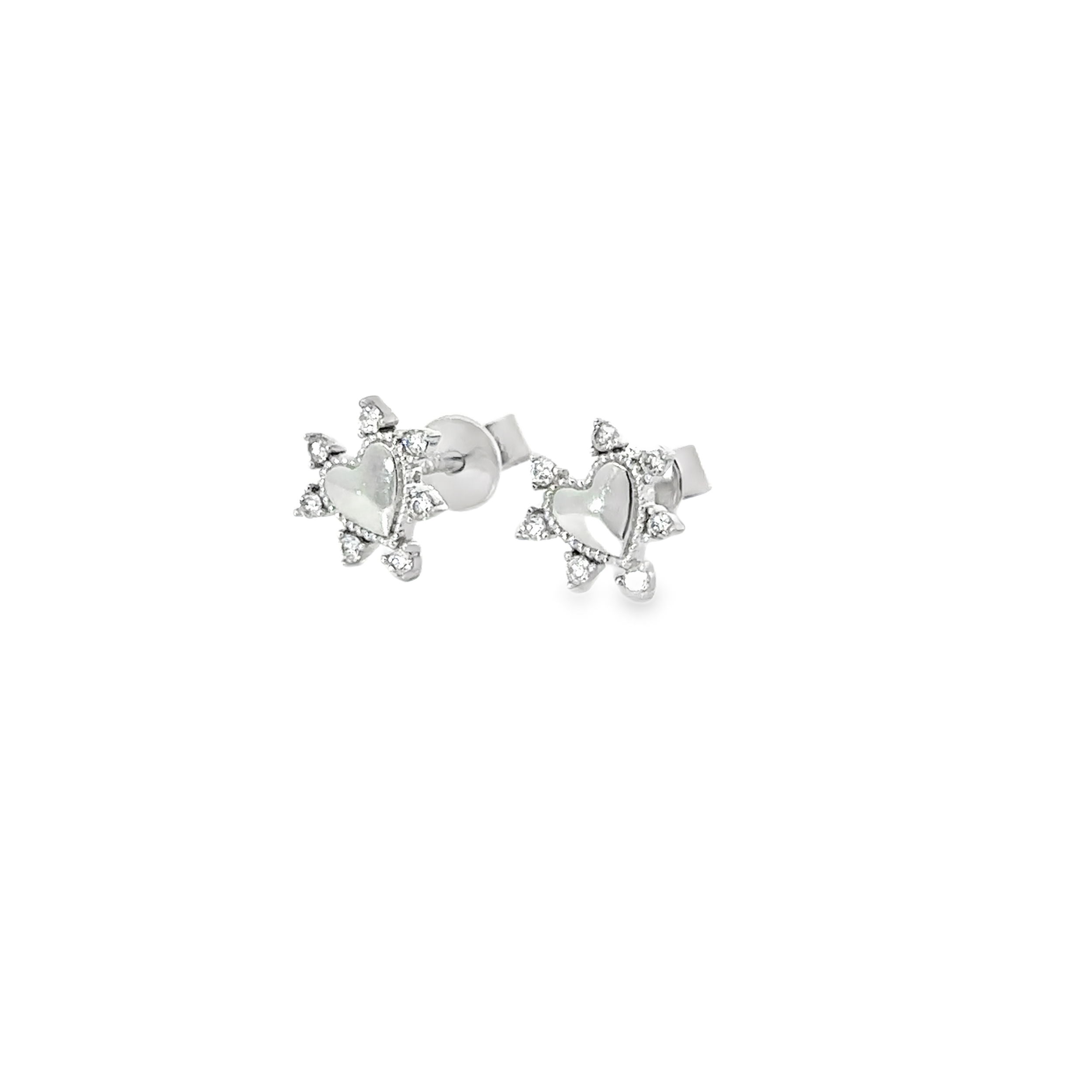 These studs feature delicate hearts accented with individual diamonds along their edges. The sparkling diamonds add brilliance and elegance to the timeless heart design, making them a charming and sophisticated addition to any collection.-14k White gold-Round white diamonds, 0.11ctsItem# 805-01518 Heart & Diamond Stud Earrings
