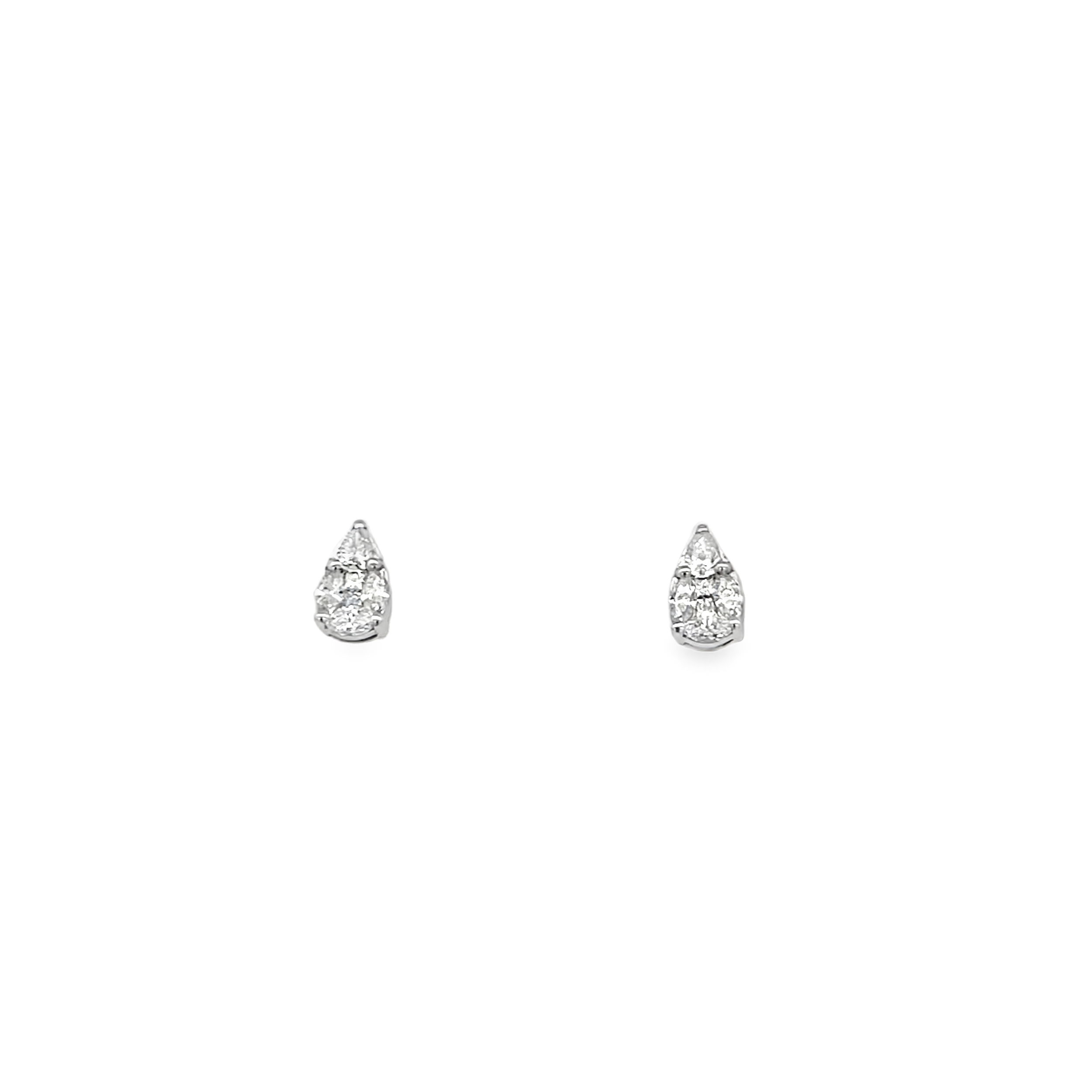 Elegance meets brilliance in these pear-shaped stud earrings, crafted from multiple round diamonds for a radiant, seamless look. The carefully arranged diamonds create the illusion of a single pear-shaped gem, offering timeless sophistication with exceptional sparkle.-18k White gold-Round diamonds, 0.70ctsItem# 805-01548 Pear Shaped Diamond Studs