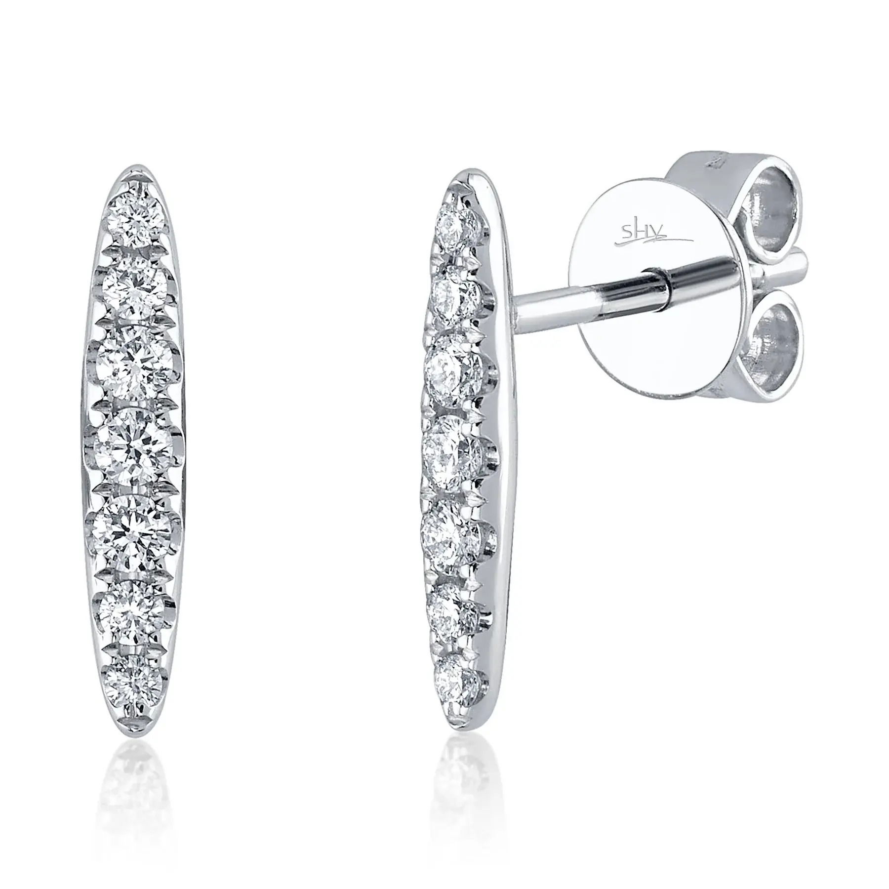 Perfect for special occasions, this piece combines bold style with timeless elegance to elevate your look. All Shy Creation diamonds are natural and hand-selected. All stones are unique and hand set. As a result, you can expect slight variations in the shade, hue, tint of the color stones and stone count.-14k White gold-Round diamonds, 0.19ctsItem# 805-01646 Diamond Bar Stud Earrings
