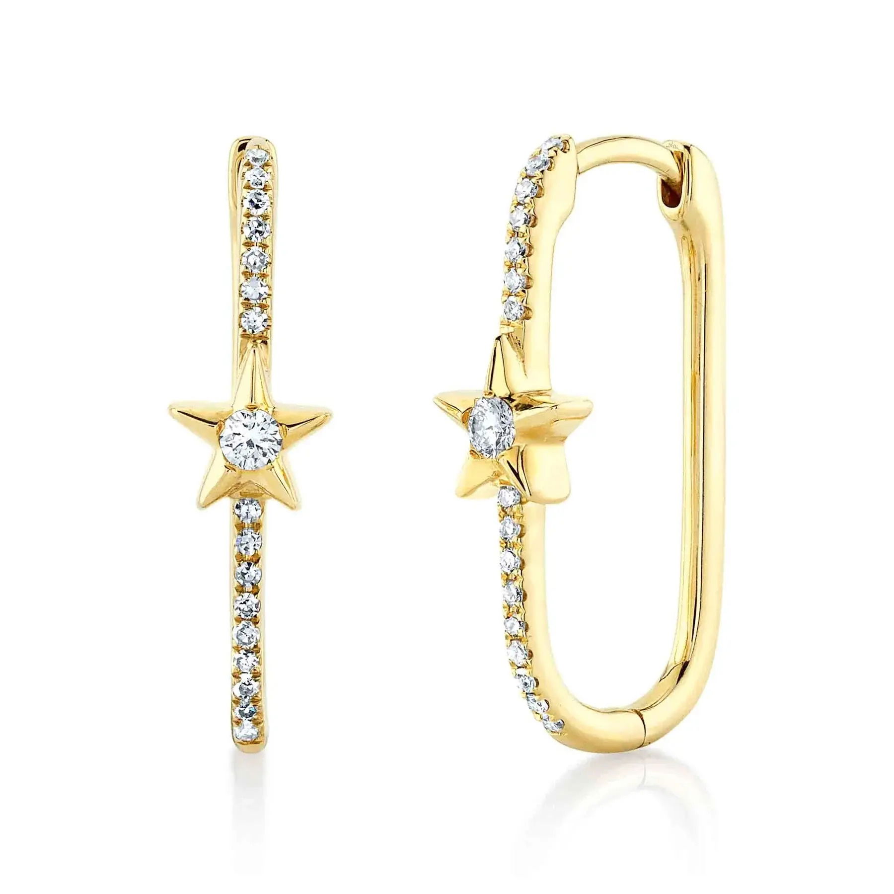 A striking piece that’s sure to spark conversations and leave a lasting impression at any event. All Shy Creation diamonds are natural and hand-selected. All stones are unique and hand set. As a result, you can expect slight variations in the shade, hue, tint of the color stones and stone count.-14k Yellow gold-Round diamonds, 0.06cts-Round diamonds, 0.08cts-Dimensions, 0.75" x 0.45" diameterItem# 805-01701 Diamond Star Oval Hoop Earrings