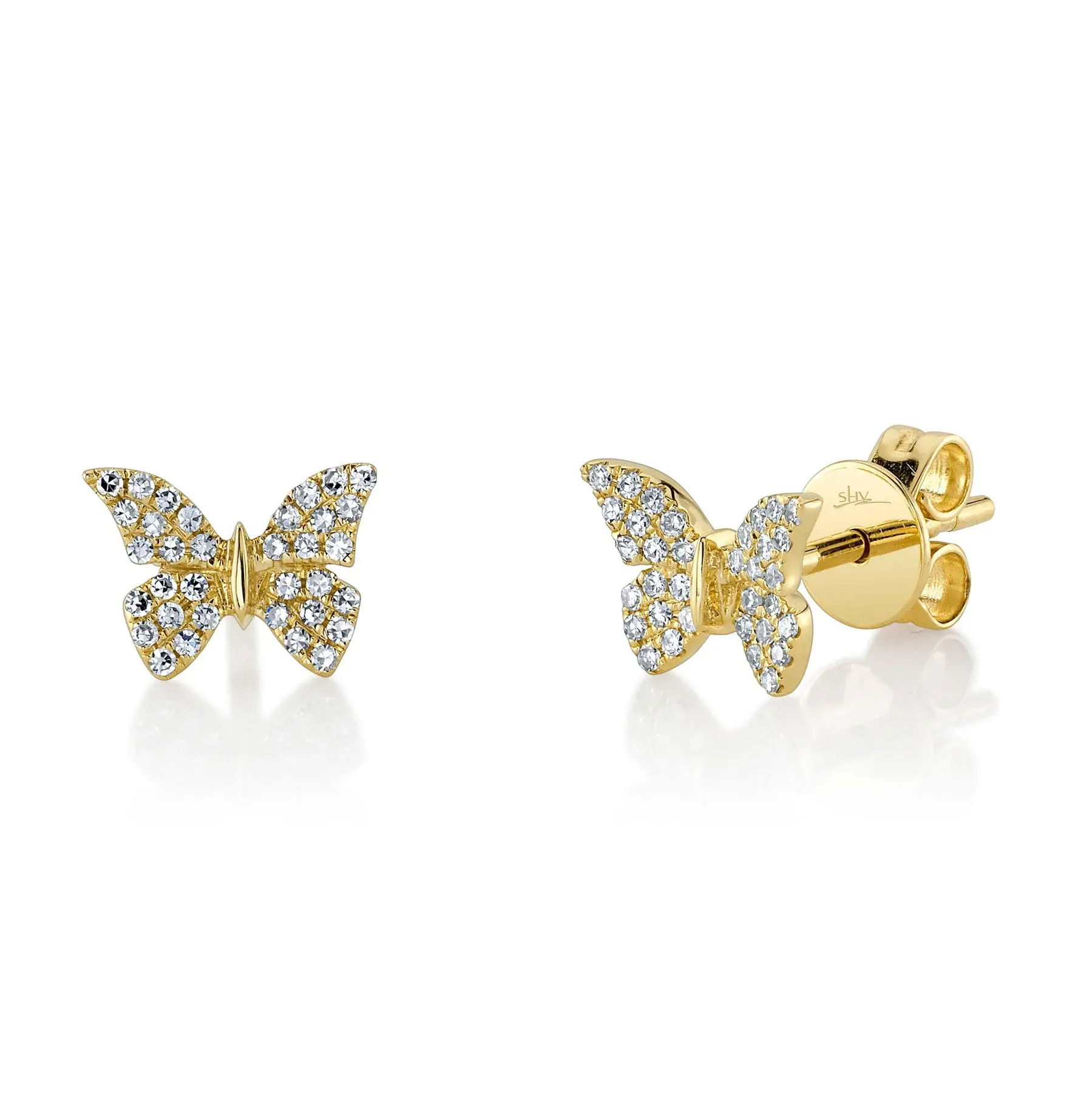 Effortlessly beautiful, these studs complement any style and can be worn on any occasion. All Shy Creation diamonds are natural and hand-selected. All stones are unique and hand set. As a result, you can expect slight variations in the shade, hue, tint of the color stones and stone count. -14k Yellow gold-Round diamonds, 0.15cts-Dimensions, 0.25"L / 0.35"WItem# 805-2000015 Diamond Butterfly Stud Earrings