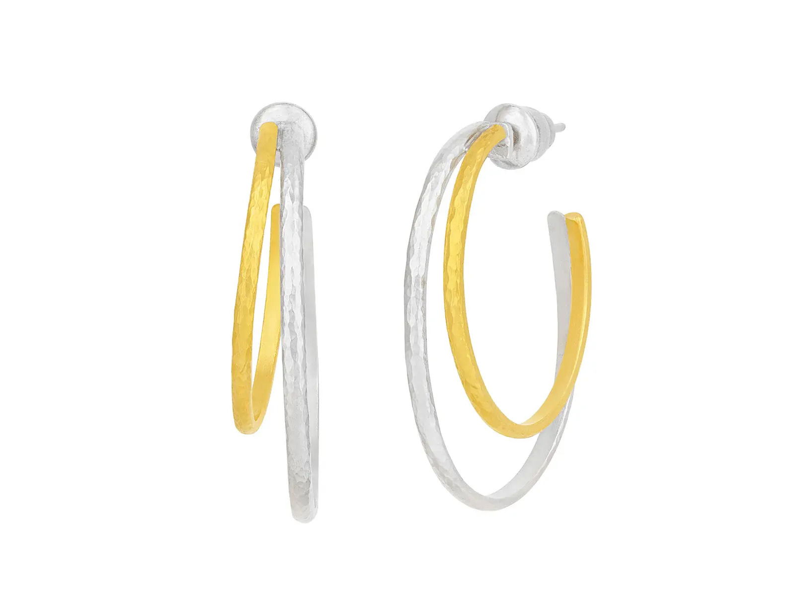 These earrings combine sterling silver and 24k yellow gold for a timeless, two-tone design. Their versatile style makes them perfect for everyday wear or special occasions.-Sterling silver-24k Yellow gold-1.34" Graduated hoop-Item# 002-805-2000174 Double Ring Hoop Earrings