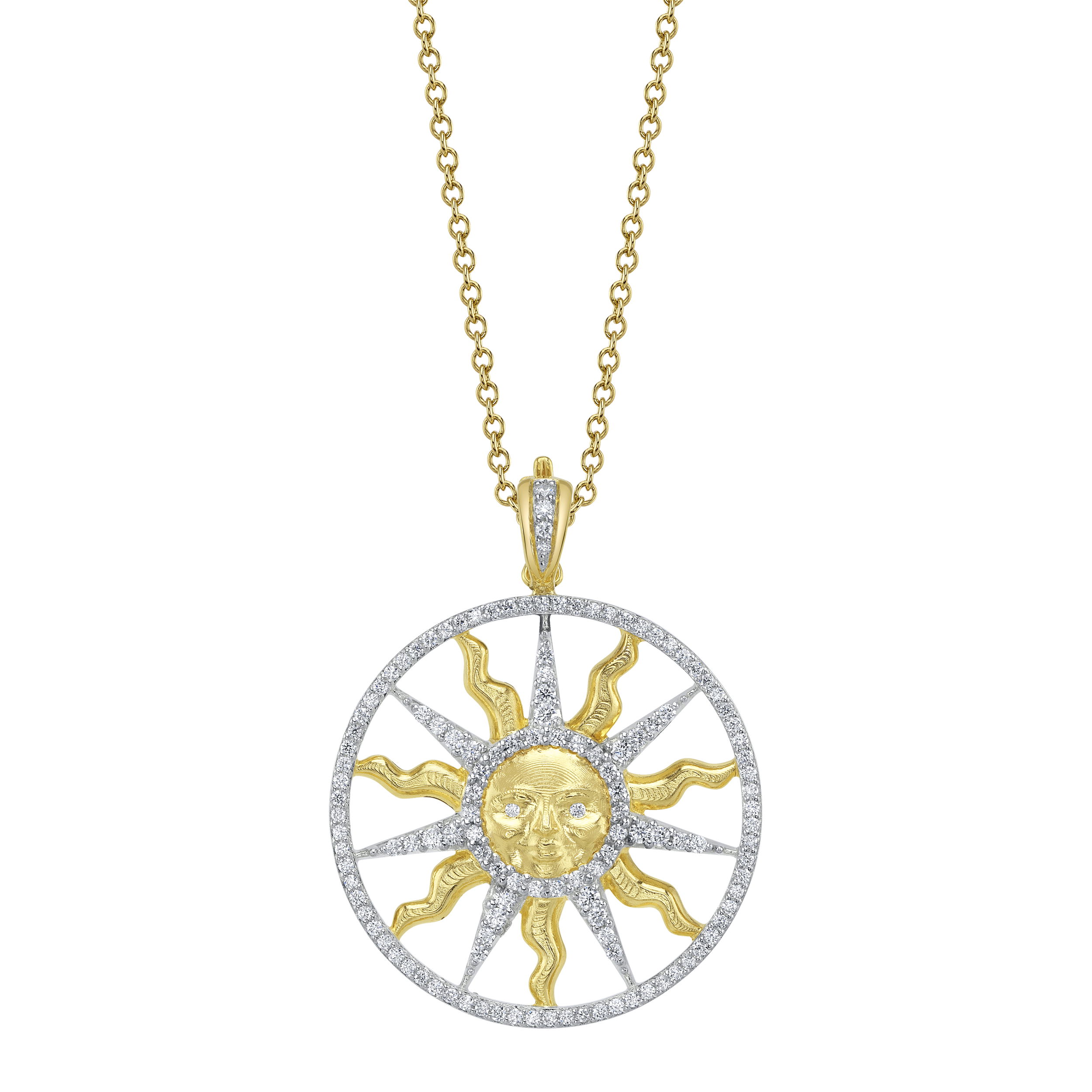 Valerie Naifeh has reimagined the iconic Sun Valley "Sun" design, bringing a modern touch to this timeless symbol. While infusing it with contemporary elegance, she honors its rich heritage, creating a collection that both celebrates the past and looks towards the future. Chain sold separately.-18k yellow gold-Length 16" to 18" adjustable chain-Round diamonds, 0.88ctsItem# SVS06-P750Y-D Sun Valley Sun Diamond Halo Pendant