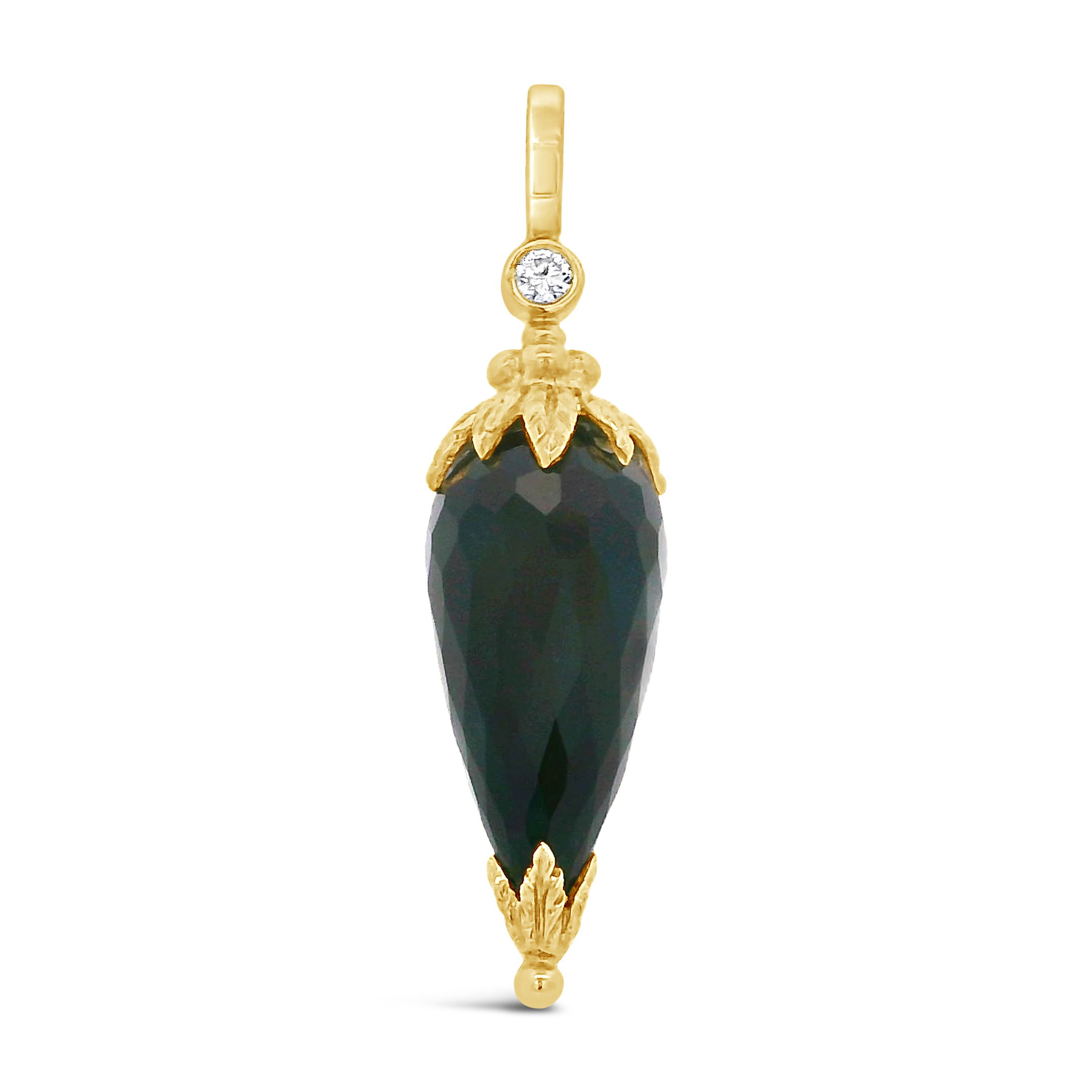 This teardrop-shaped black onyx pendant, set in 18k yellow gold, offers a sleek, modern elegance. A single round diamond adds a touch of sparkle, making it the perfect understated accessory for day-to-night wear. Pair perfectly with a piece from our 'It's a Wrap' collection.-18k Yellow gold-Black teardrop onyx-Round diamond, 0.06ctsItem# 806-00423 Gothic Shard Pendant