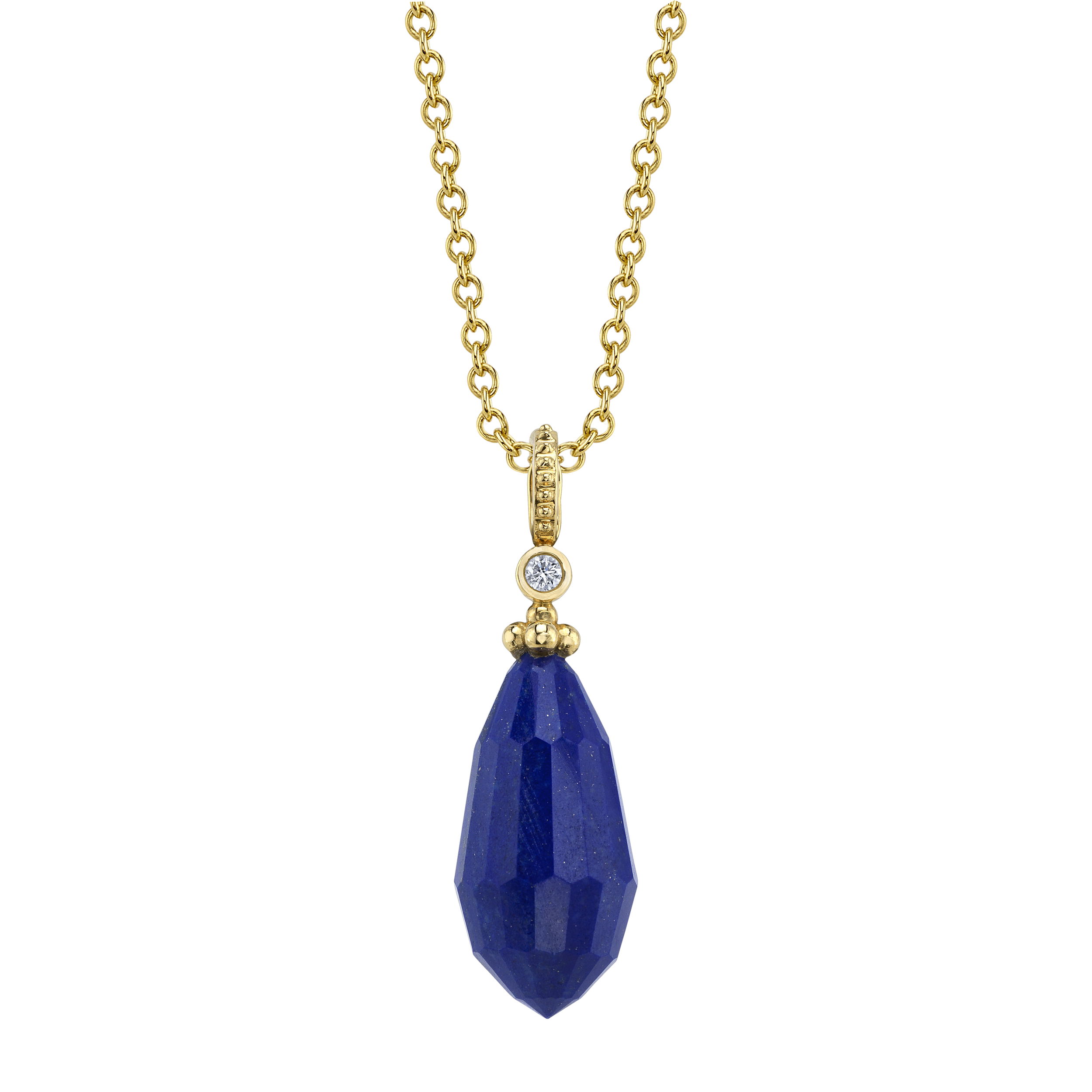 Featuring a faceted lapis and a round diamond set in 18k yellow gold, the Lydia Pendant is a delicate piece of luxury. This pendant effortlessly elevates your style with its elegant glamour.-18k Yellow gold-Round diamond, 0.06cts-Faceted lapisItem# PDEL01YLAPF Lydia Pendant