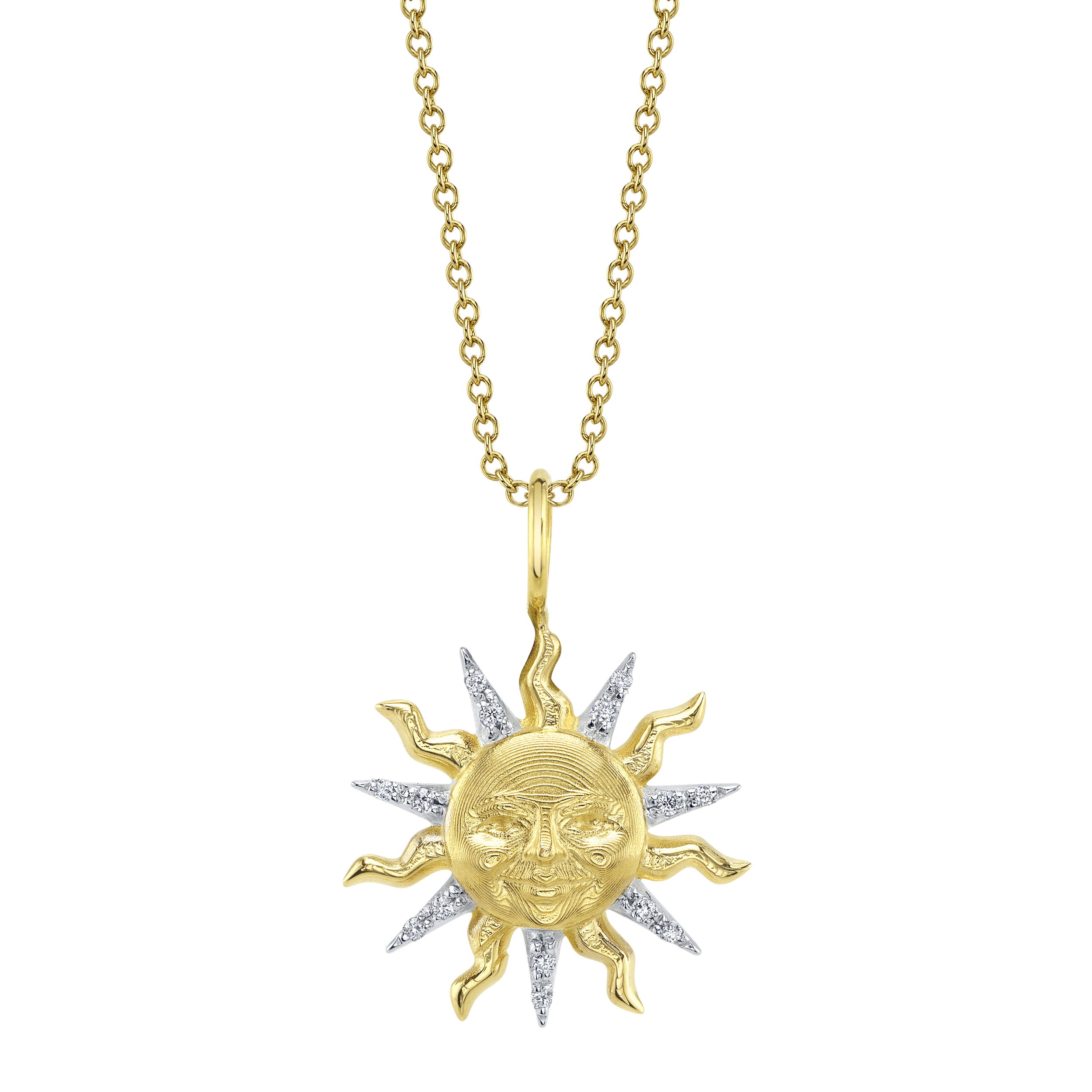 Valerie Naifeh has reimagined the iconic Sun Valley "Sun" design, bringing a modern touch to this timeless symbol. While infusing it with contemporary elegance, she honors its rich heritage, creating a collection that both celebrates the past and looks towards the future. Chain sold separately.-14k Yellow gold with rhodium accents-Round diamonds, 0.05cts-Diameter 17mmItem# SVS01-P585Y-D Sun Valley Sun Pendant in Yellow Gold with Diamonds