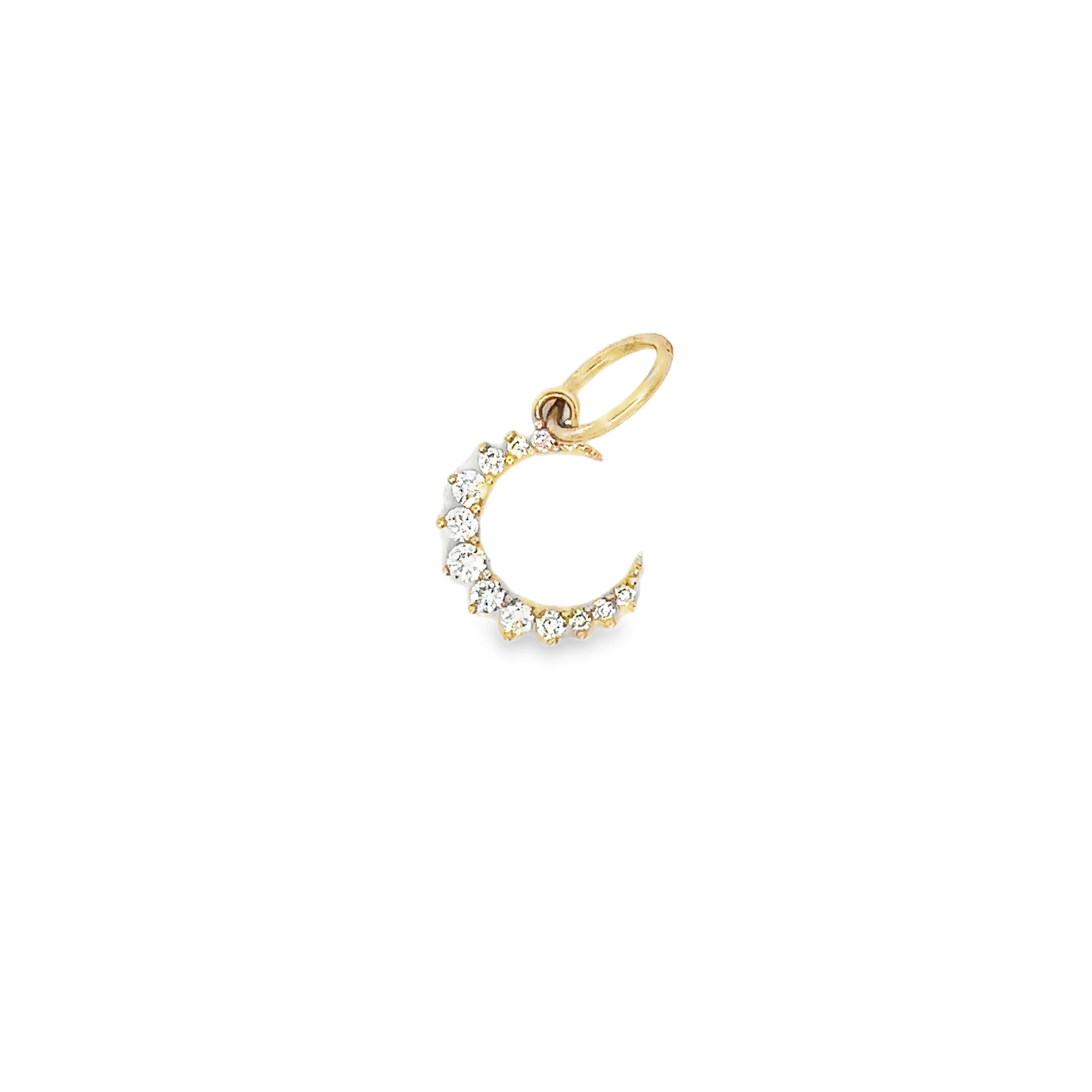 This pendant features a minimalistic silhouette, allowing the diamonds to shine as the focal point. Its subtle and elegant design creates a timeless, celestial-inspired piece that adds sophistication to any collection.-14k Yellow gold-Round white diamonds, 0.21ctsItem# 806-00491 Diamond Crescent Moon Pendant