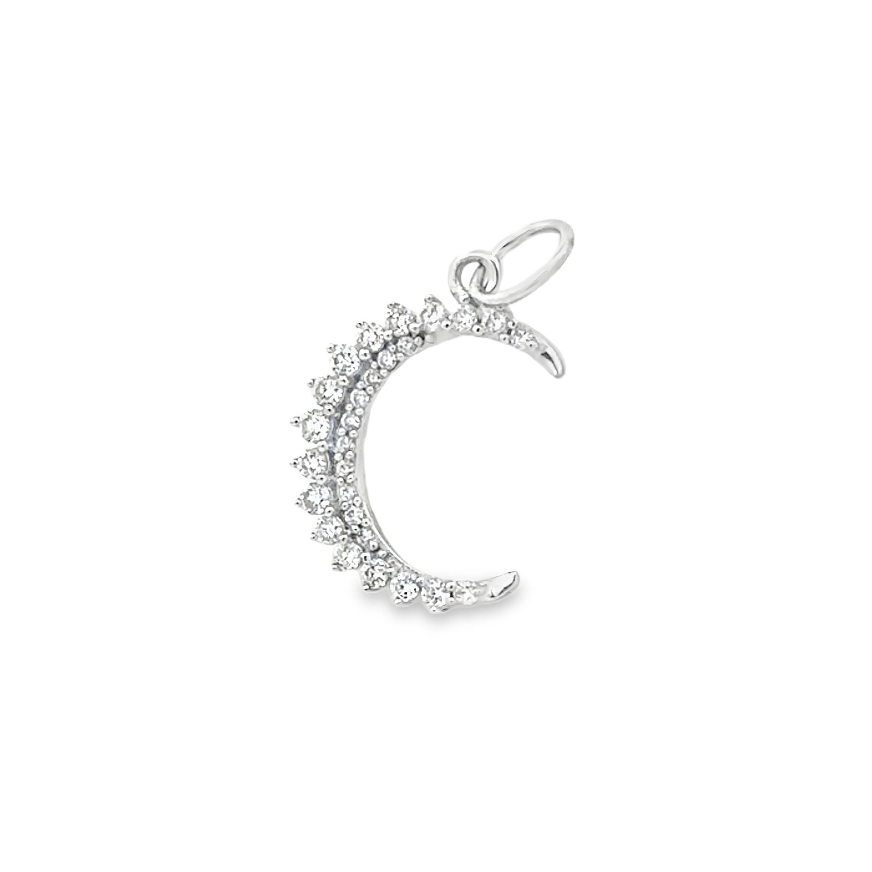 This pendant features a minimalistic silhouette, allowing the diamonds to shine as the focal point. Its subtle and elegant design creates a timeless, celestial-inspired piece that adds sophistication to any collection.-14k White gold-Round white diamonds, 0.15ctsItem# 806-00493 Diamond Crescent Moon Pendant