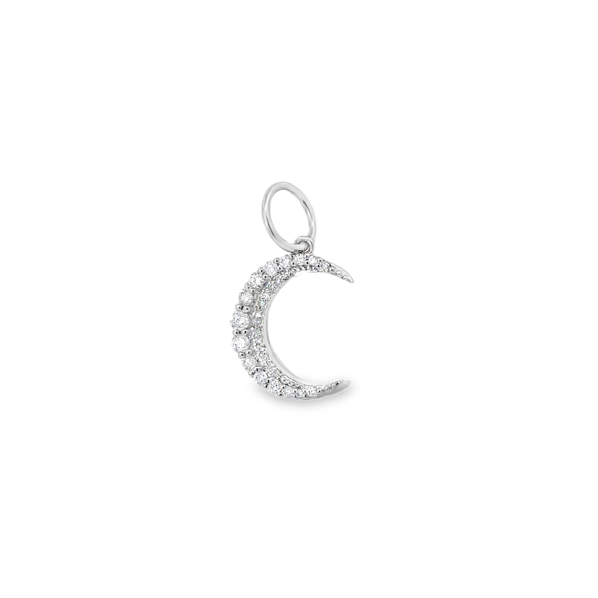 This pendant features sparkling diamonds along its graceful curve, creating a radiant and celestial-inspired design. A timeless piece, it adds a touch of elegance and mystery to any jewelry collection.-14k White gold-Round white diamonds, 0.28ctsItem# 806-00494 Diamond Crescent Moon Pendant