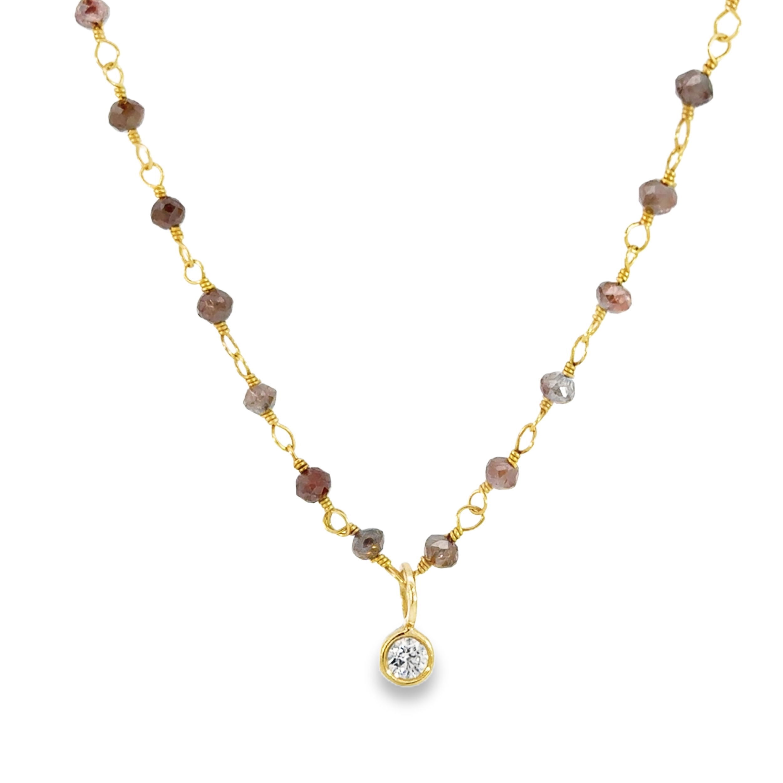 Crafted in 18k yellow gold, this necklace features rich brown diamonds and a bezel-set diamond charm for subtle contrast. Its bold scale and warm tones make it a striking piece with a grounded elegance.-18k Yellow gold-Brown diamonds-Diamond bezel charm, 0.10cts-Length 18"Item# 002-807-00480 Brown Diamond Necklace with Diamond Bezel Charm