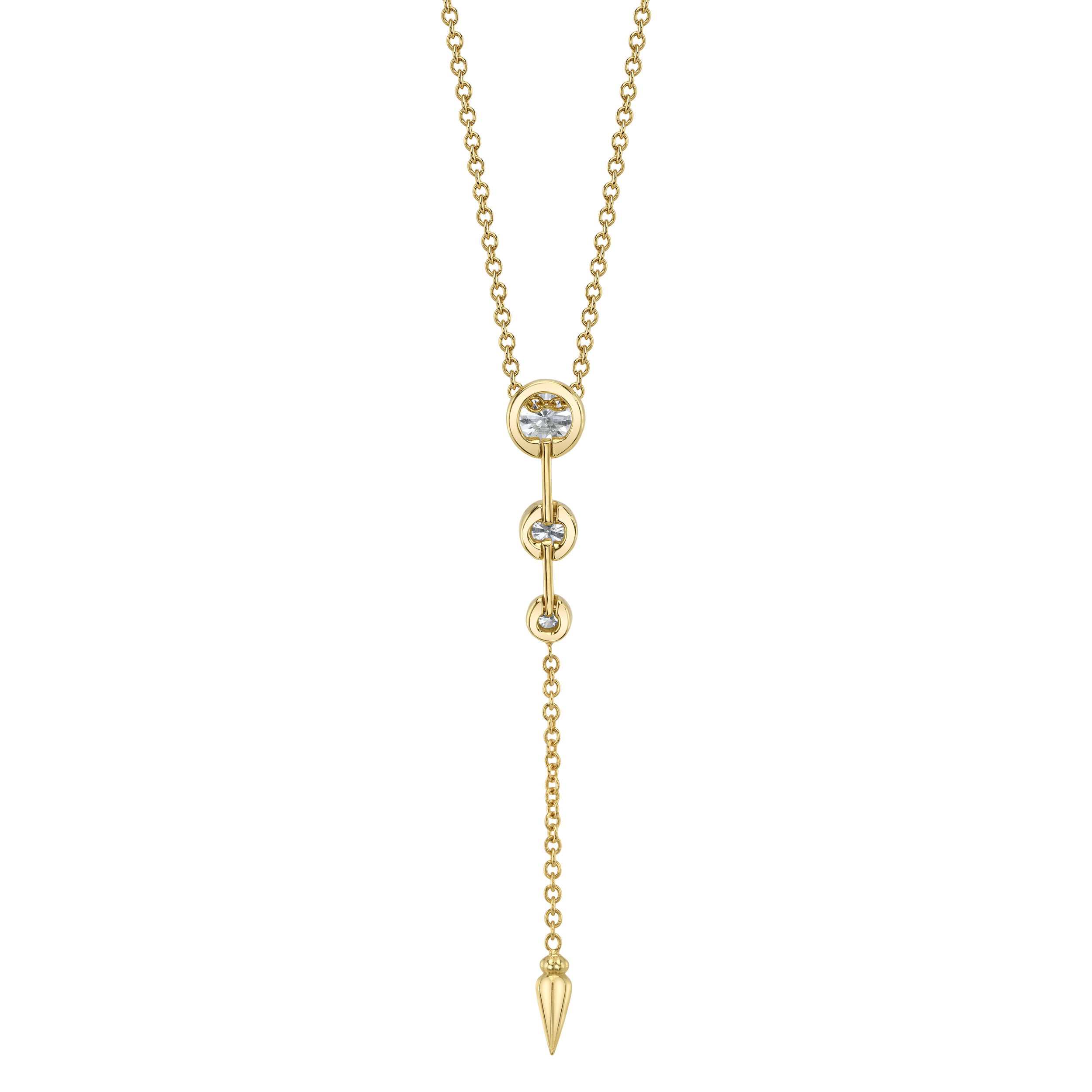 The Large Diana Necklace elegantly drapes the neckline with 18k yellow gold and cascading round brilliant-cut diamonds, with a delicate drop at the bottom adding the perfect finishing touch.-18k Yellow gold-Round diamond, 1.00ct G/SI-Diamond, 0.4ct G-H/SI-Diamond, 0.18ct G-H/SIItem# 807-00919 Large Diana Necklace