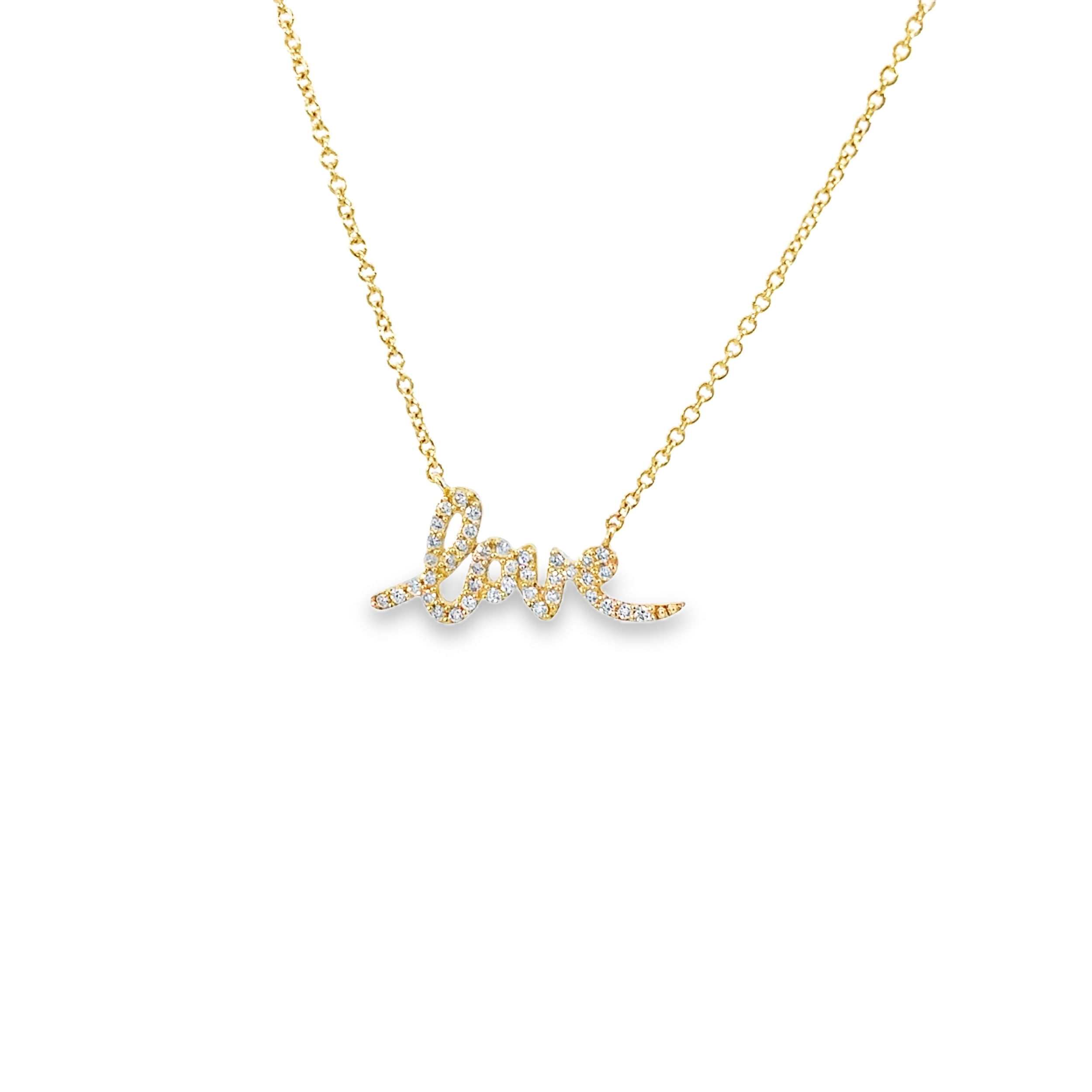 This necklace features the word "Love" beautifully set in sparkling diamonds. A timeless and meaningful piece, it brings elegance and a touch of romance to any look.-14k Yellow gold-Round white diamonds, 0.10cts-Chain length, 18"Item# 807-00965 Love Charm Necklace