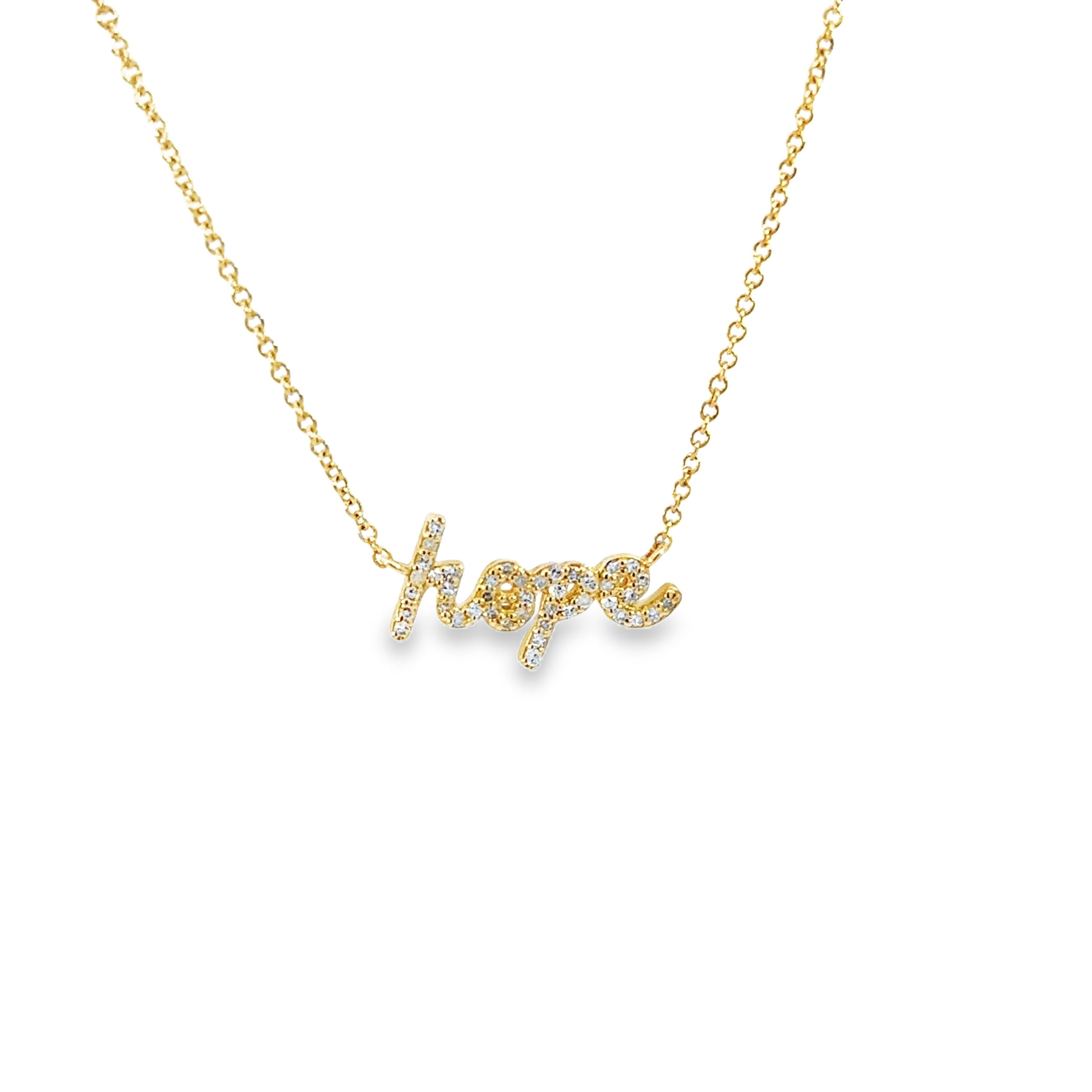 This necklace features the word "Hope", a symbol of inspiration and positivity, it’s perfect for everyday wear or as a meaningful gift. A timeless piece, it adds a touch of elegance and sparkle to any look.-14k Yellow gold-Round white diamonds, 0.11cts-Chain length, 18"Item# 807-00977 Hope Charm Necklace