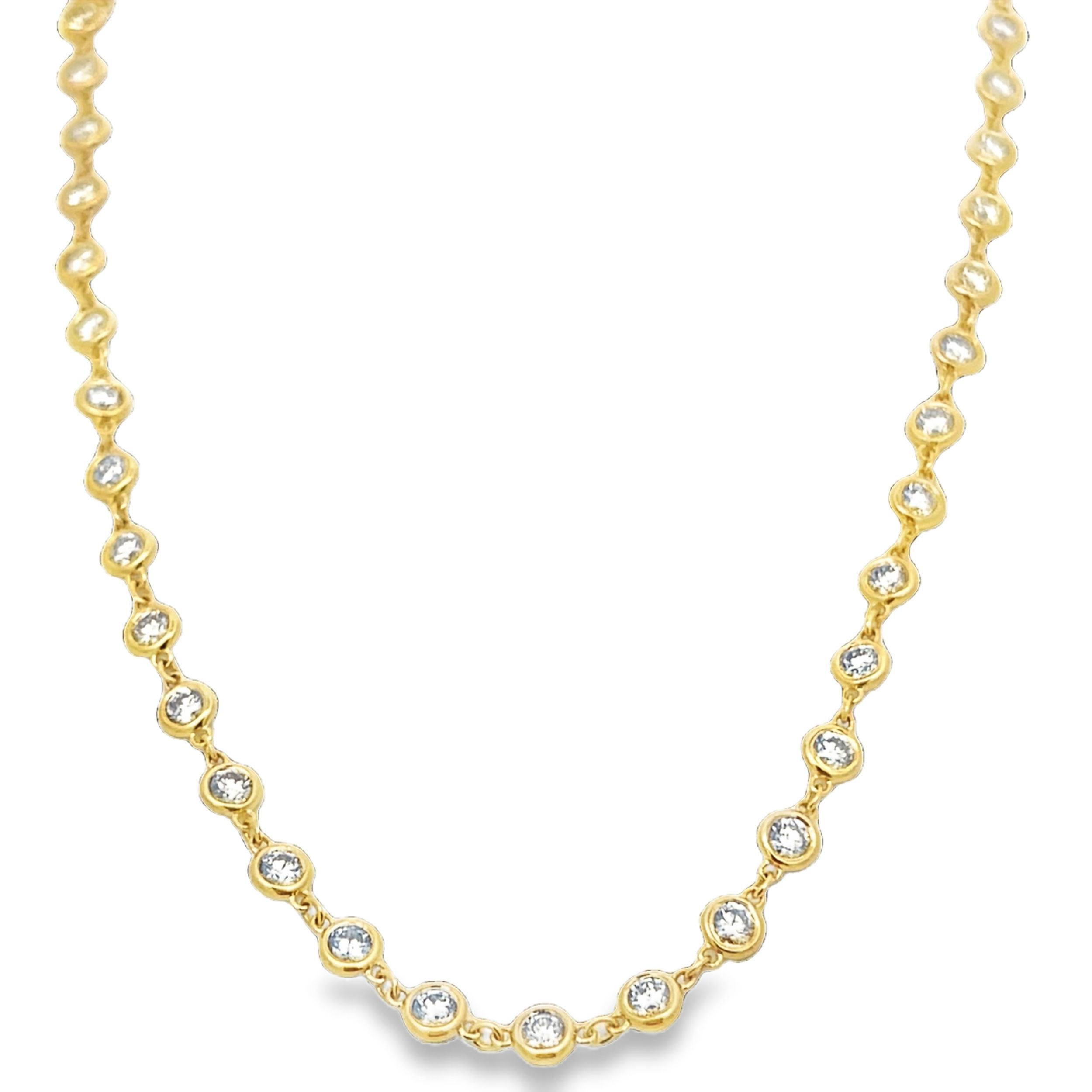 Featuring a classic look with a modern design, this fashion necklace is the perfect statement piece to add to any collection.-14k Yellow gold-Round diamonds, 5.30cts-Chain length, 18"Item# 807-01009 Diamond Bubble Necklace
