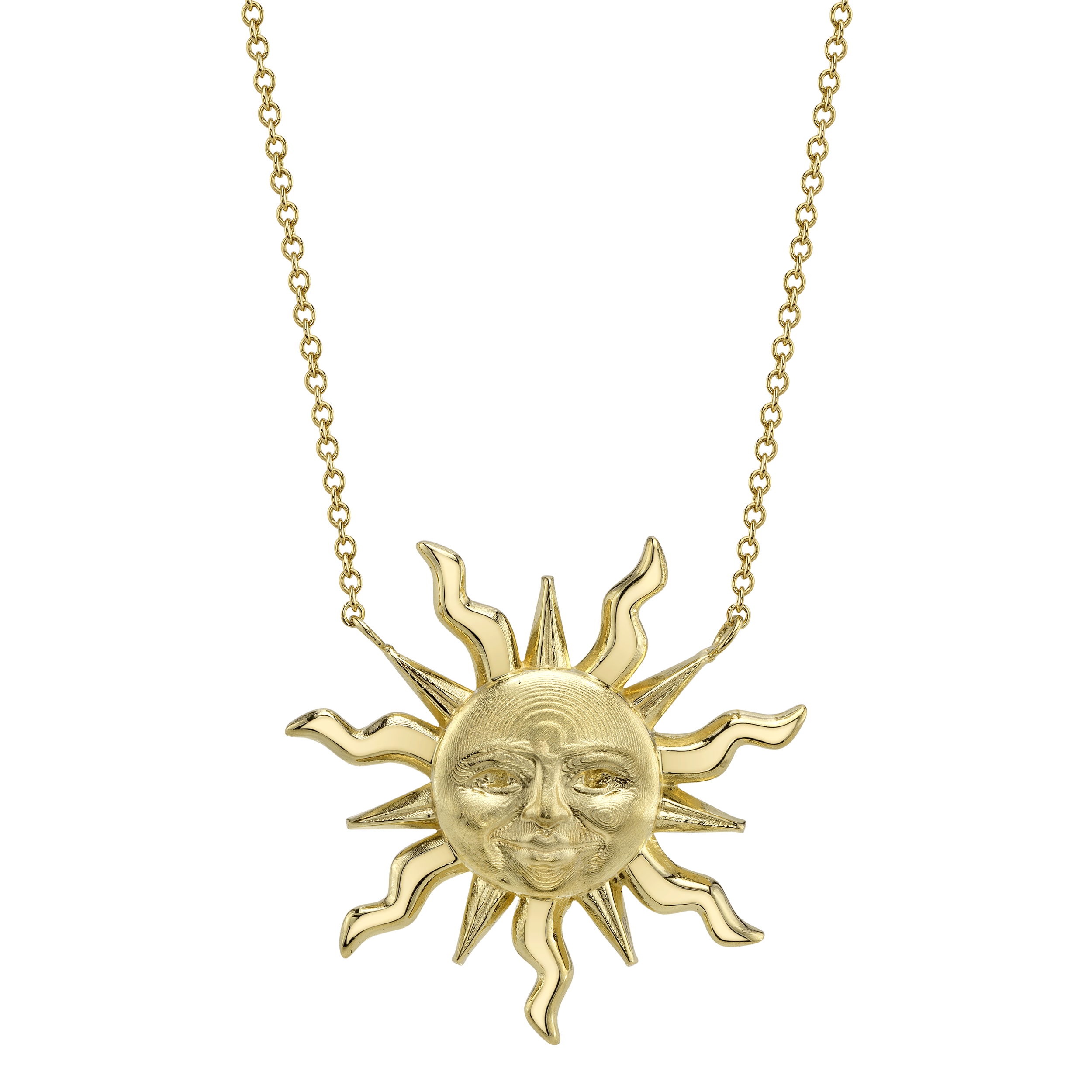 Valerie Naifeh has reimagined the iconic Sun Valley "Sun" design, bringing a modern touch to this timeless symbol. While infusing it with contemporary elegance, she honors its rich heritage, creating a collection that both celebrates the past and looks towards the future. -18k Yellow gold-Length 16" to 18" adjustable chain-Diameter 27mmItem# SVS01-N750Y Sun Valley Sun Necklace in Yellow Gold