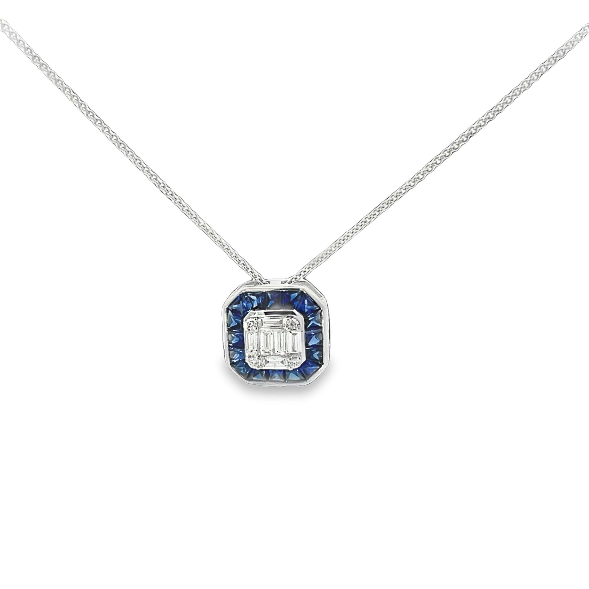 Calling all blue sapphire lovers! This stunning piece features a center cluster of diamonds surrounded by striking sapphires. Wear it alone or layer with other necklaces, you will always have a touch of sparkle!-18K White gold-Various shaped diamonds, 0.51cts-Square blue sapphires, 2.12cts-Chain not includedItem# 807-01039 Sapphire & Diamond Pendant