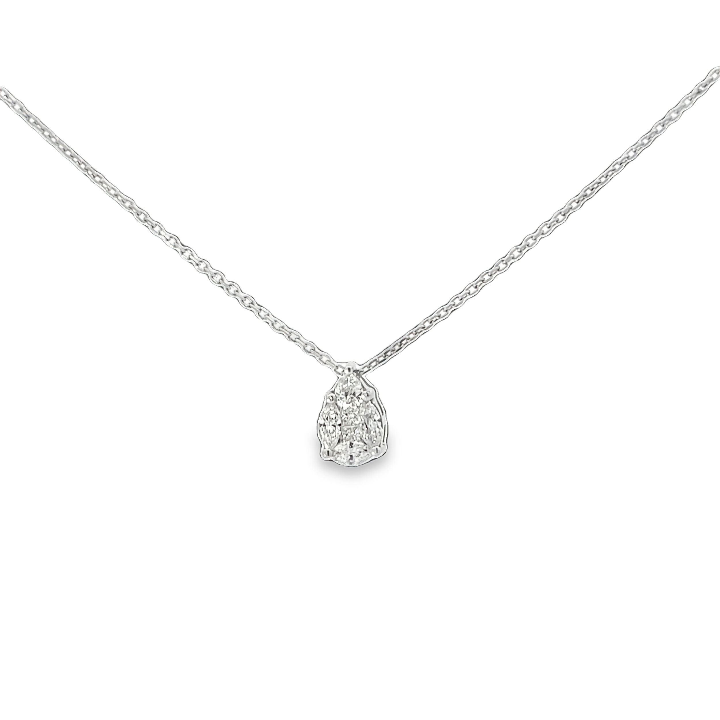 Perfect for layering or wearing alone, this diamond necklace will always turn heads. -18K White gold-Various shaped diamonds, 0.53cts-Length, 18"Item# 807-01042 Pear Shaped Diamond Pendant