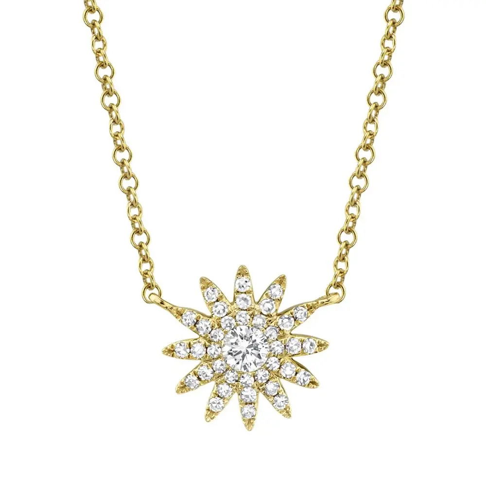 This versatile piece effortlessly transitions from day to night, adding subtle elegance to every moment. All Shy Creation diamonds are natural and hand-selected. All stones are unique and hand set. As a result, you can expect slight variations in the shade, hue, tint of the color stones and stone count.-14k Yellow gold-Round diamonds, 0.15cts-Dimensions, 0.35"L / 0.35"W-Chain length, 15"-18"Item# 807-01056 Diamond Starburst Necklace