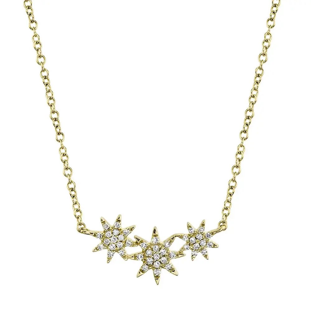 A perfect piece to add a touch of sparkle to any casual or formal outfit. All Shy Creation diamonds are natural and hand-selected. All stones are unique and hand set. As a result, you can expect slight variations in the shade, hue, tint of the color stones and stone count.-14k Yellow gold-Round diamonds, 0.09cts-Dimensions, 0.70"L / 0.30"W-Chain length, 15"-18"Item# 807-01057 Diamond Star Necklace