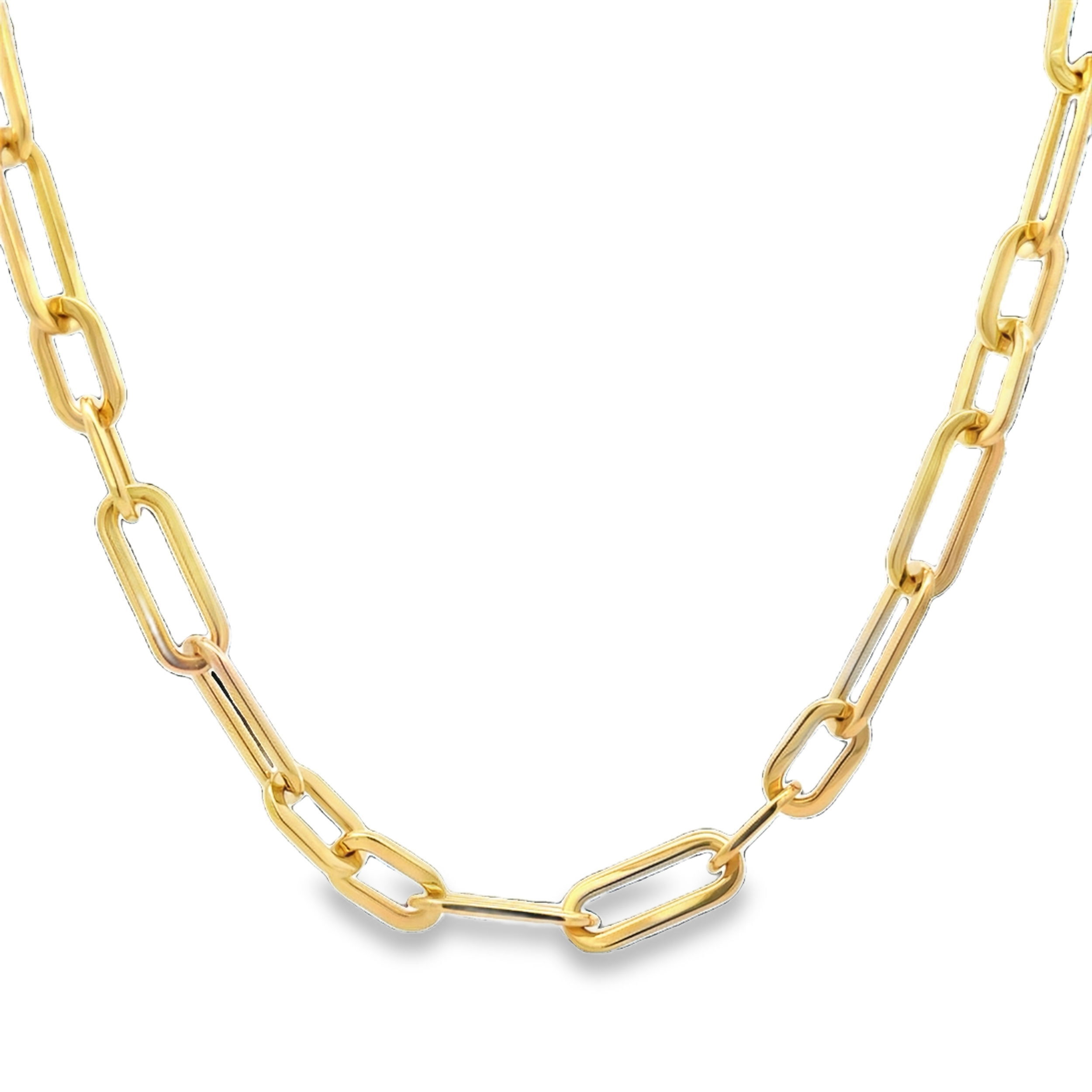 This paperclip necklace features a bold design with alternating sizes of polished gold links, creating a visually dynamic and modern look. The mix of larger and smaller links adds texture and movement, making this piece perfect for both layering or wearing alone for a statement style.-18k Yellow gold-Chain length, 17.7"Item# 807-01088 Paper Clip Link Necklace