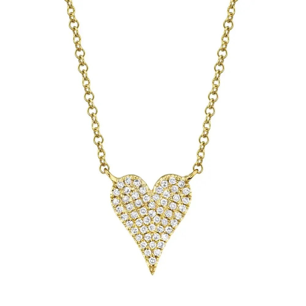 A great piece alone or to layer, this necklace is perfect for both everyday wear and special occasions. Shy Creation diamonds are natural and hand-selected. All stones are unique and hand set. As a result, you can expect slight variations in the shade, hue, tint of the color stones and stone count. -14k Yellow gold-Round diamonds, 0.11cts-Chain length, 15"-18"Item# 807-01126 Diamond Pave Heart Necklace