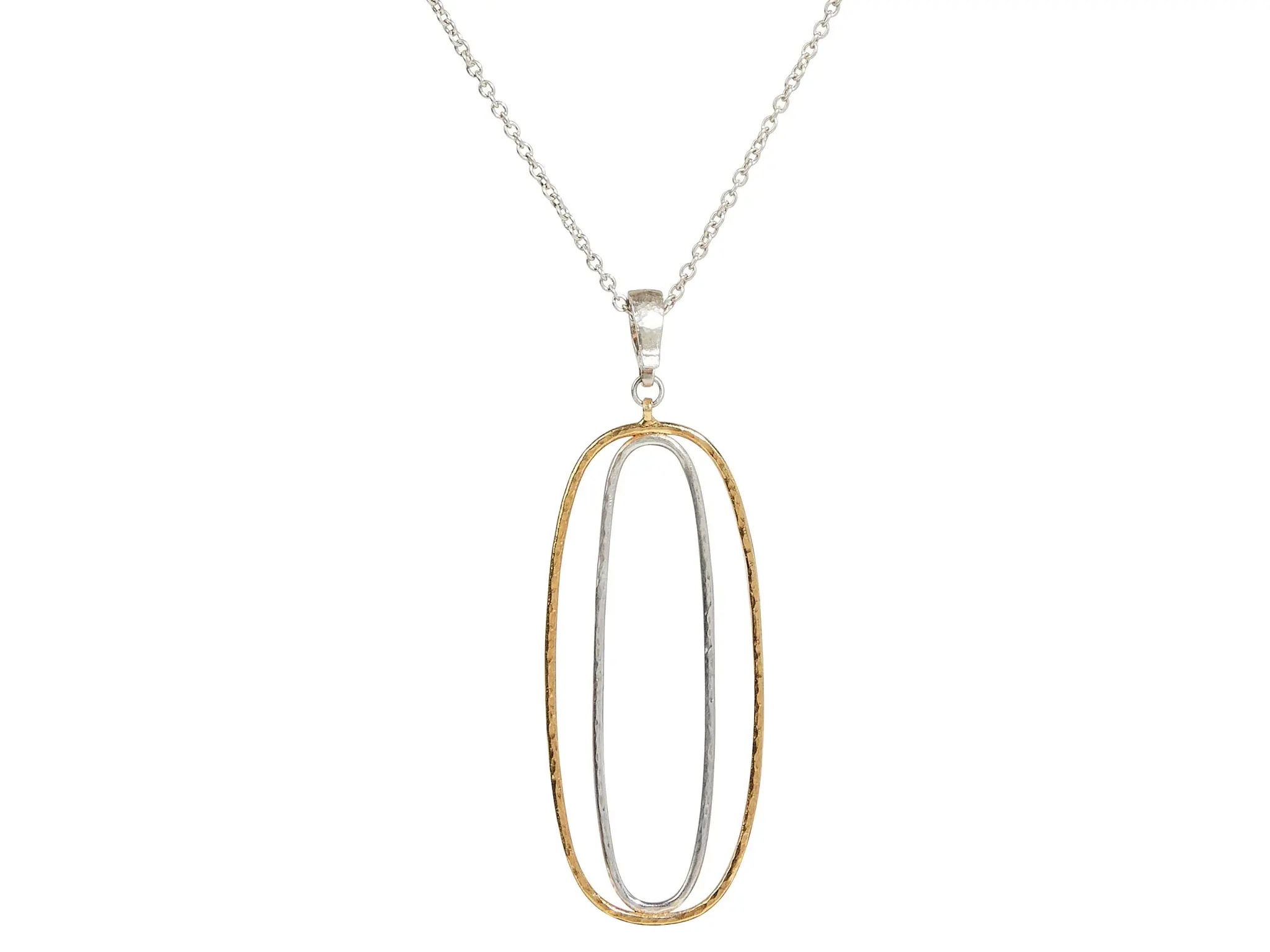 This two-tone necklace features a geometric pendant crafted from sterling silver and 24k yellow gold. Its bold design makes it a standout piece for any outfit.-Sterling silver-24k Yellow gold-Length 35”Item# 002-807-01164 Two Tone Geo Necklace