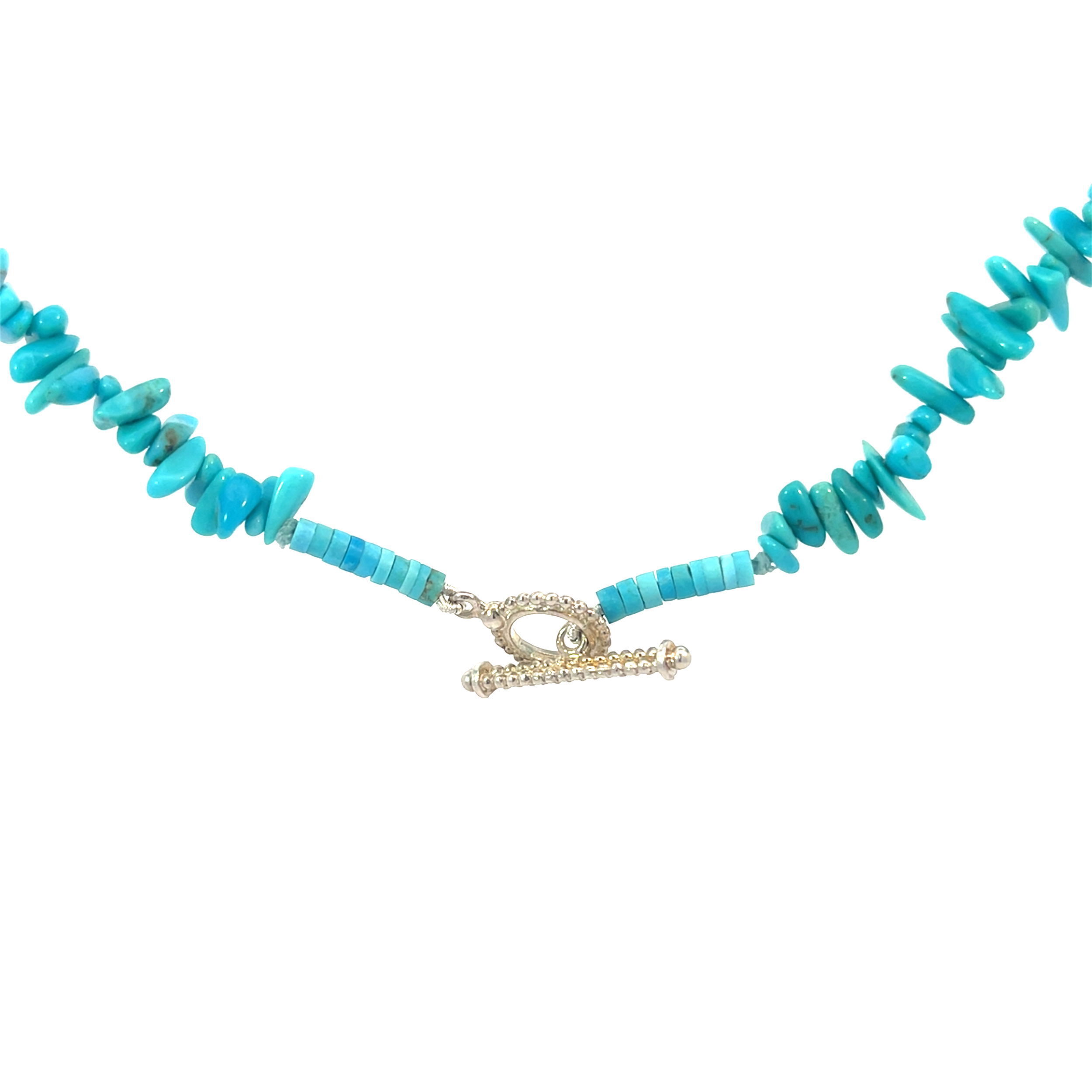 The Peace of Mind necklace showcases rich turquoise beads and a sterling silver clasp for a classic look. Its vibrant color and sleek design make it a versatile piece for any wardrobe.-Sterling silver-Turquoise beads-Length 16.5”Item# 807-01224 Peace of Mind Necklace