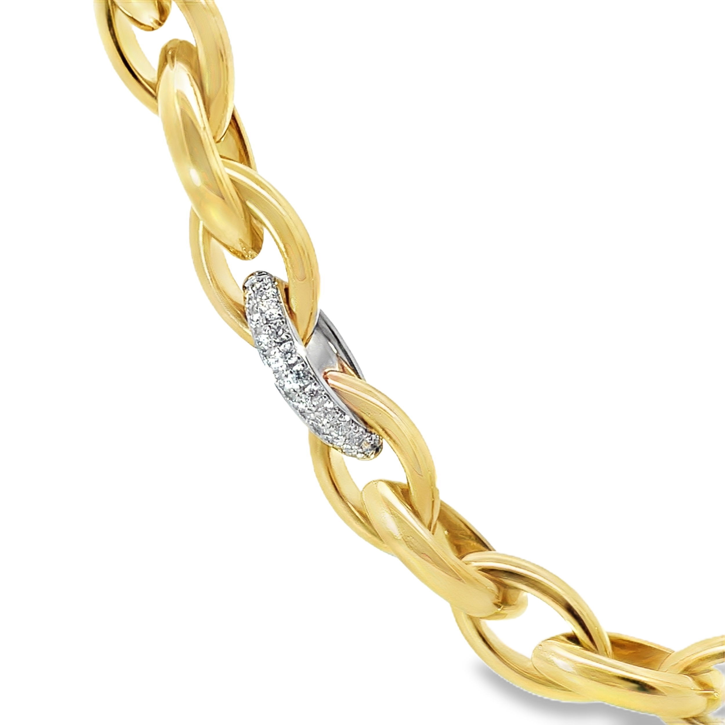 This 18k yellow gold chain features a diamond-accented link that adds a touch of sparkle. Its timeless design is perfect for layering or wearing on its own.-18k Yellow gold-Round diamonds, 1.00cts-Length, 17"Item# 807-2000025 Gold Chain Necklace