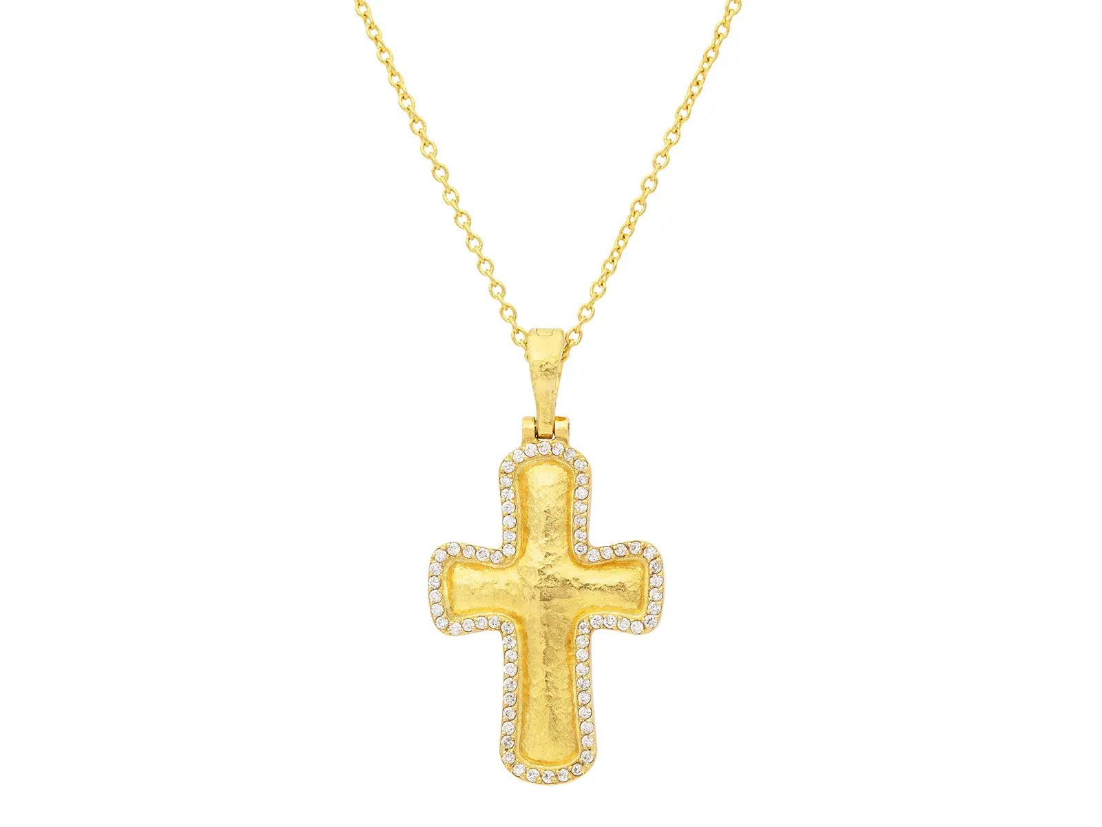 This yellow gold cross necklace is set with round diamonds, offering a classic design with timeless brilliance. Its elegant simplicity makes it a meaningful piece for any occasion.-24k/22k/18k Yellow gold-Diamonds, 0.58cts-Length 16",17",18"Item# 002-807-2000085 Diamond Cross Necklace