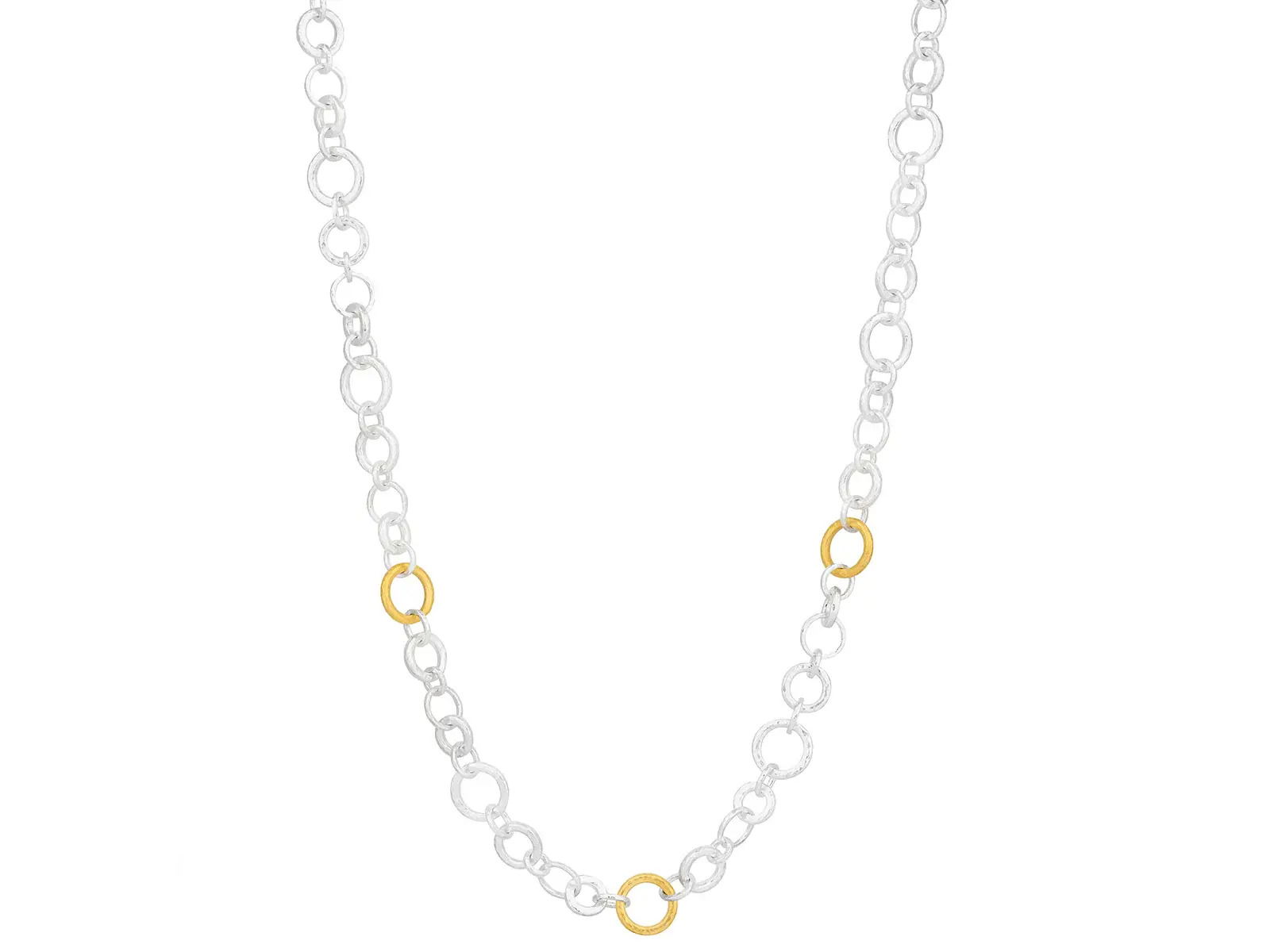 This hoopla necklace features a mixed round chain of sterling silver and 24k yellow gold. Its dynamic two-tone design adds a bold, contemporary touch to any look.-Sterling silver-24k Yellow gold-Length 19”Item# 002-807-2000086 Mixed Link Hoopla Necklace
