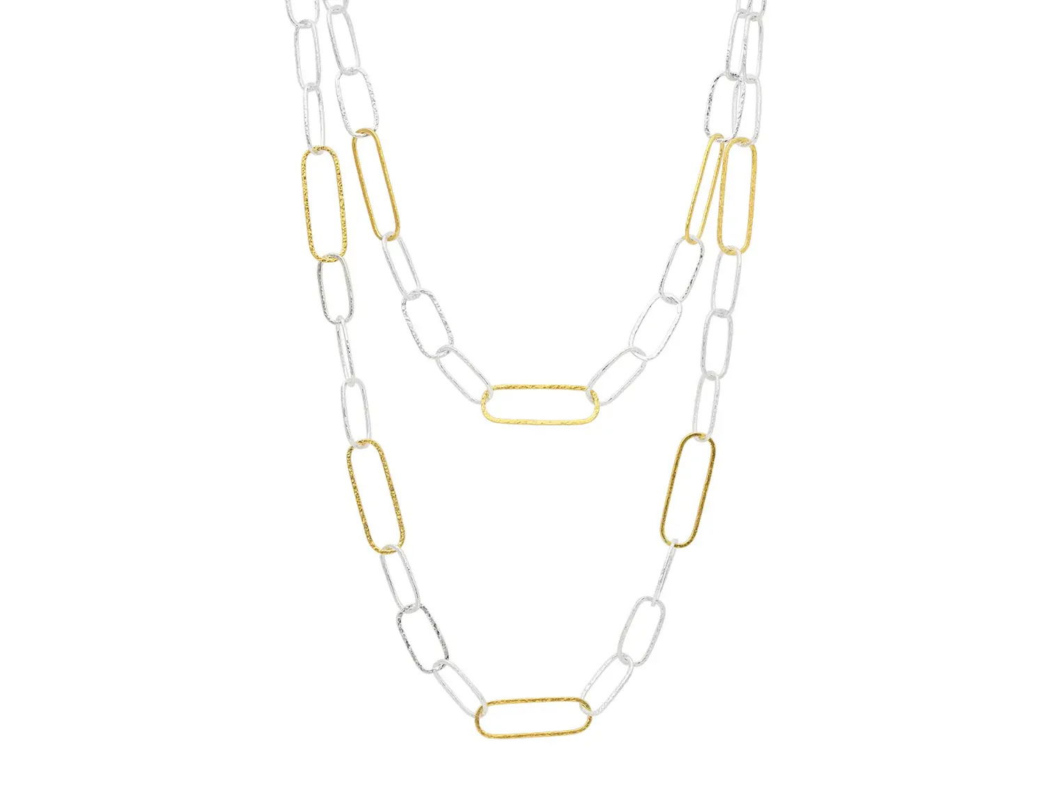 This necklace features 24k yellow gold and sterling silver with mixed elongated oval links for a bold, two-tone design. Its contemporary style makes it perfect for wearing solo or layering with other favorites.-Sterling silver-24k Yellow gold-Length 36"Item# 002-807-2000088 Gurhan Fashion Necklace