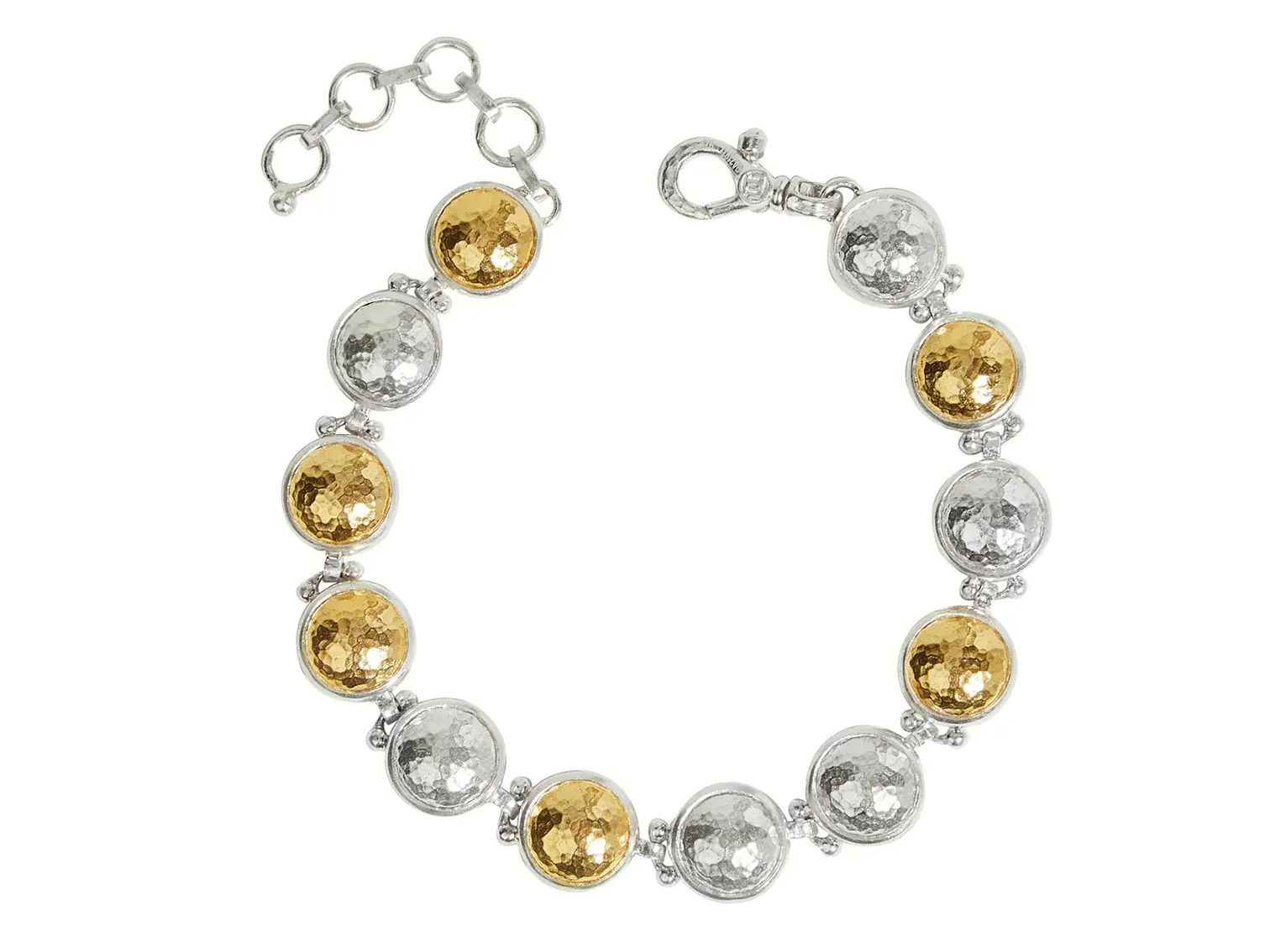 This bracelet features 24k yellow gold and sterling silver, blending two tones for a distinctive and meaningful design. Its bold style makes it a standout piece for everyday wear or special occasions.-Sterling silver-24k Yellow gold-Length 7.5-8.5"Item# 002-808-2000078 Round Domed Link Bracelet