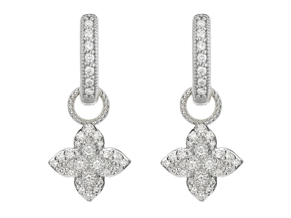 Combining classic elegance with on trend shapes and styles, JFJ offers something for women of all ages. These small charms are elegantly designed with a delicate arrangement of pave diamonds, creating a subtle yet radiant shine. Perfect for adding a touch of refined luxury to any collection. Hoops and charms sold separately.-18k White gold-Round white diamondsItem# 809-00618 Small Pave Flower Earring Charms