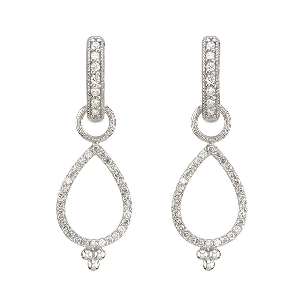 Combining classic elegance with on trend shapes and styles, JFJ offers something for women of all ages. From the Provence Collection, these charms feature pave round diamonds set in 18K white gold accented with high polish beaded trios. Hoops and charms sold separately.-18k White gold-Round white diamondsItem# 809-2000011 Delicate Open Pear Pave Earring Charms