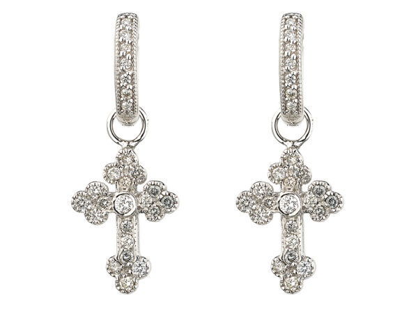 Combining classic elegance with on trend shapes and styles, JFJ offers something for women of all ages. From the Provence Collection, these charms are a classic and timeless Jude Frances pair of charms that showcase a beautiful cross design filled with pave white diamonds in 18k gold. Hoops and charms sold separately.-18k White gold-Round white diamonds, 0.38ctsItem# 809-2000012 Tiny Guinevere Earring Charms