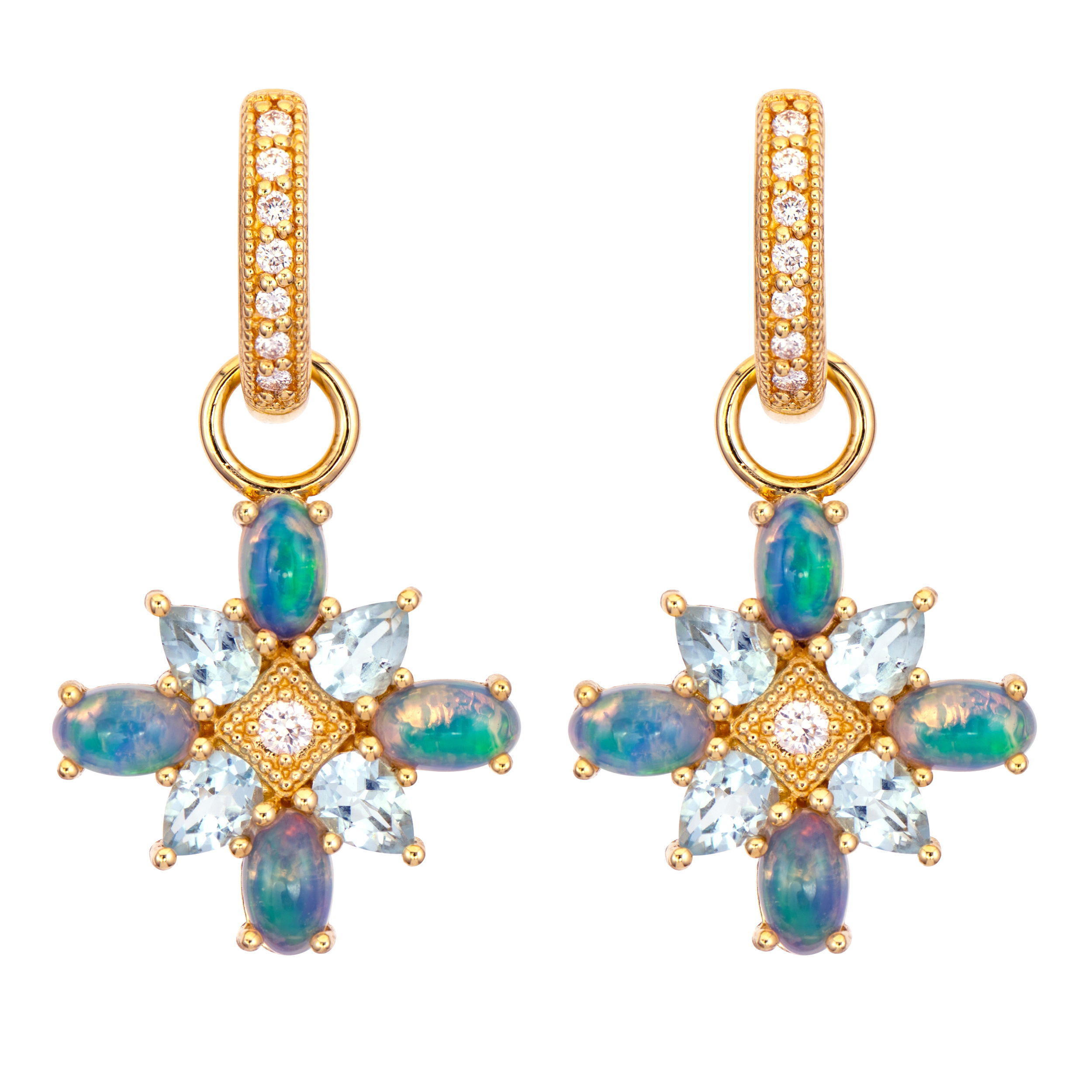 Delicately crafted in 18 karat yellow gold, these earring charms feature a graceful floral pattern accented by pear-shaped blue topaz, cabochon opal, and sparkling round diamonds. A harmonious blend of color and elegance, they bring a radiant charm to any look.-18k Yellow gold-Round white diamonds-Pear blue topaz-Cabochon opalItem# 809-2000017 Opal And Topaz Floral Earring Charms