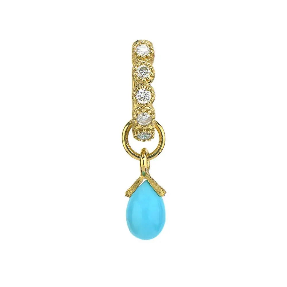 Combining classic elegance with on trend shapes and styles, JFJ offers something for women of all ages. From the Petites Collection, this charm features a briolette turquoise stone set in 18K gold. Hoops and charms sold separately. Charms sold as singles.-18k Yellow gold-Turquoise-Dimensions, 6.0mmItem# 809-2000020 Petite Briolette Earring Charm