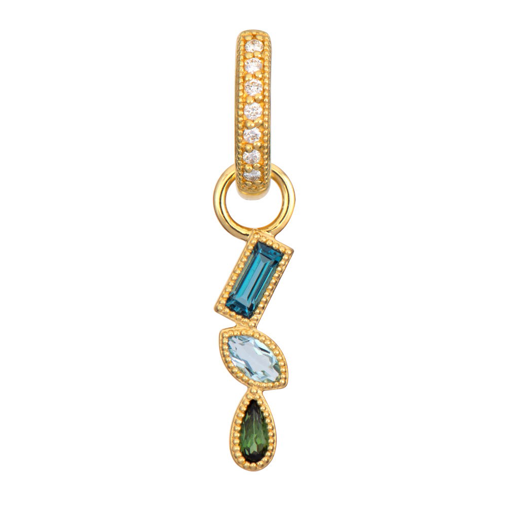 Transform your look with an earring charm that blends timeless elegance and modern versatility. Designed to mix and match, these pieces let you create a style that's uniquely yours. Hoop and charms sold separately. Charms sold as singles.-18k Yellow gold-London blue topaz-AquamarineItem# 809-2000025 Cascading Shapes Charm