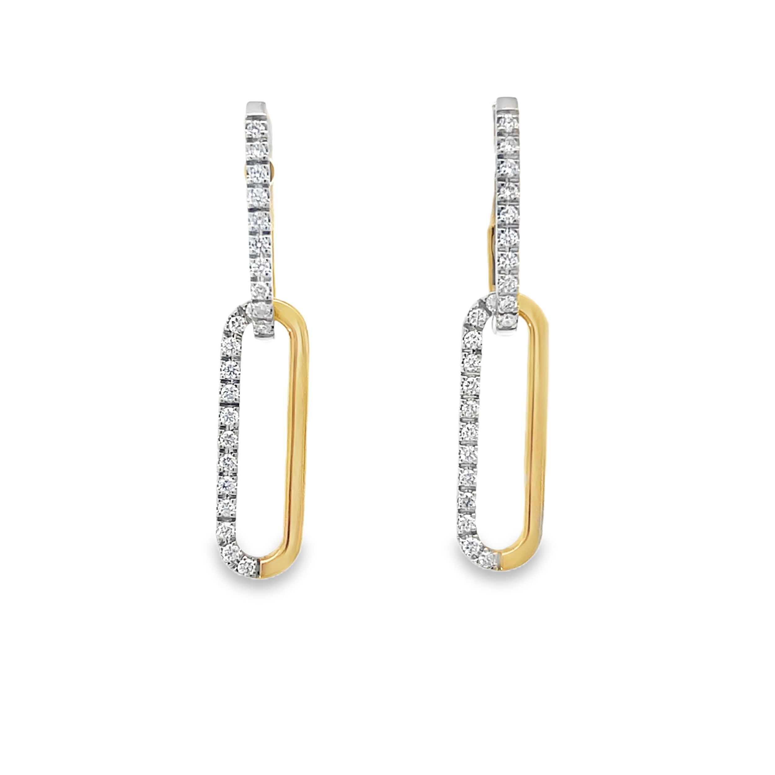 Elevate your everyday style with these modern paperclip dangle earrings. Crafted in a striking two-tone design and accented with shimmering diamonds, they offer a bold yet refined look. Lightweight and versatile, they’re perfect for adding a touch of sophistication to any outfit.-18k White and yellow gold -Round diamonds, 0.35ctsItem #: 150-01759 Paperclip Earrings