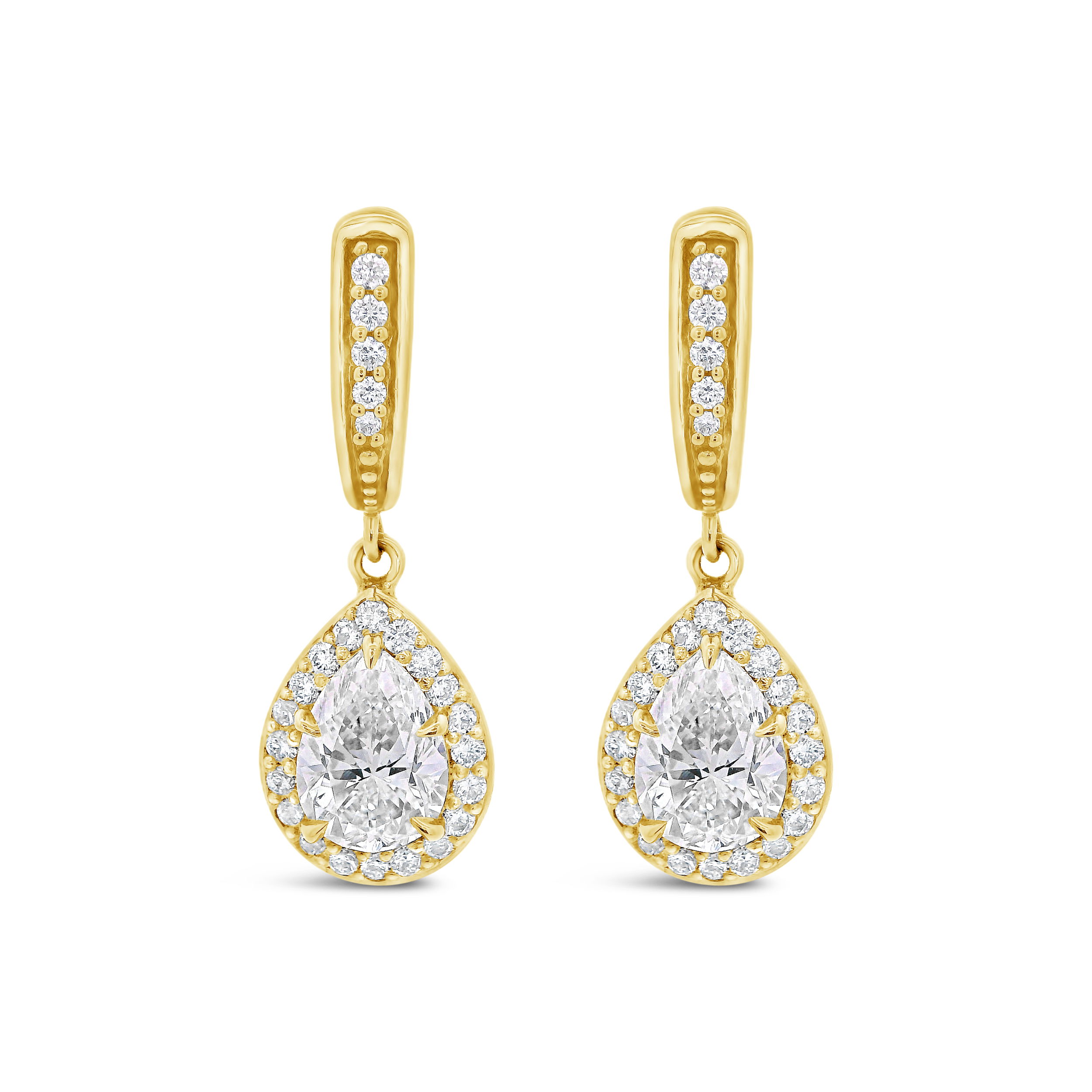 In 18k yellow gold, these pear diamond earrings strike a balance between subtle and statement. Their clean lines and organic shape make them easy to dress up or down.-18k Yellow gold-Pear diamonds, 0.40ctsItem# 001-150-01881 Pear Drop Earrings
