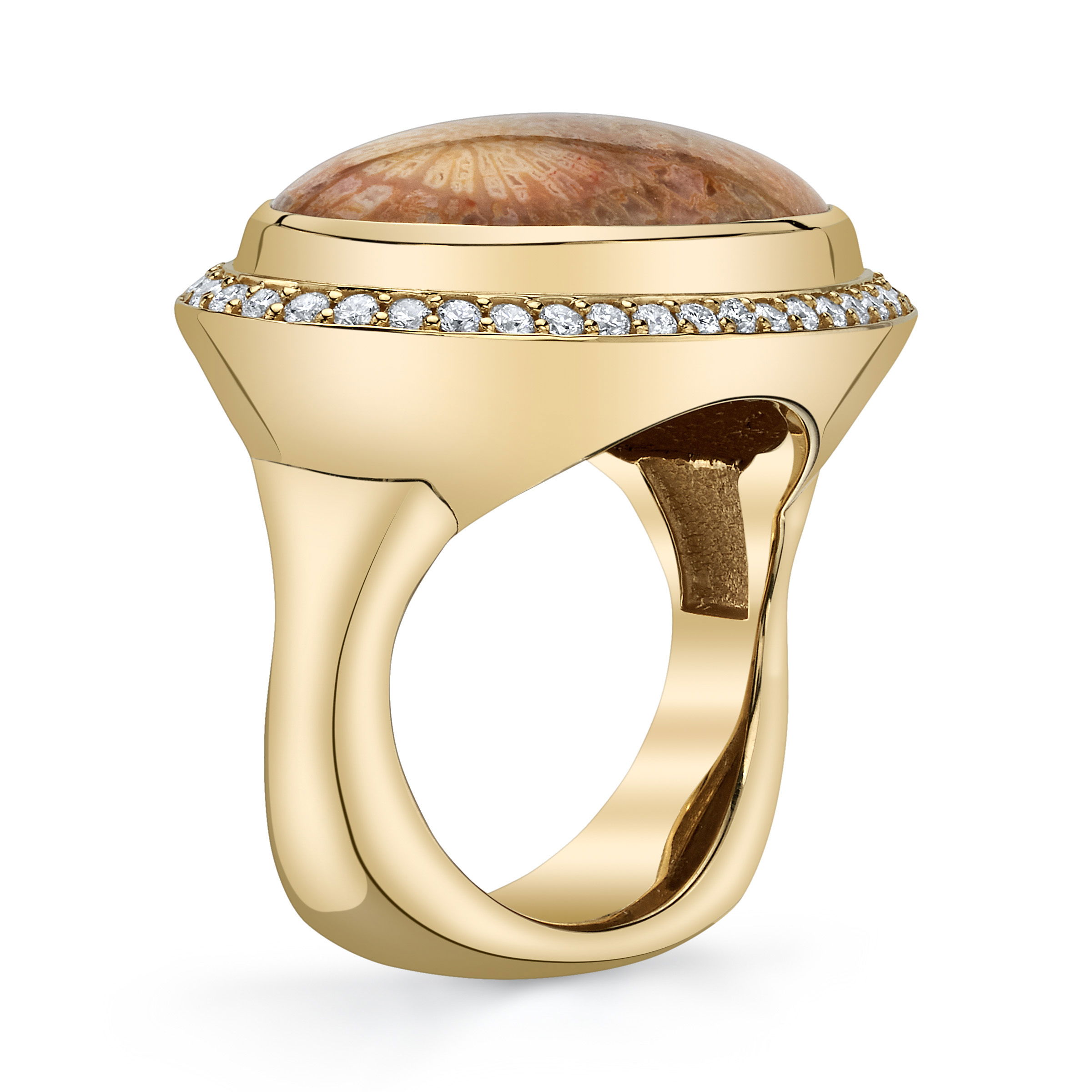 The Oval Amara Ring showcases a stunning petrified coral, accented by 42 round diamonds in 18k gold. This ring elegantly combines natural texture with radiant sparkle.-18k yellow gold-Petrified Coral-42 Round Diamonds, 0.63cts-Size 6.5. Contact for sizing options.Item# 20001222 Amara Oval Ring