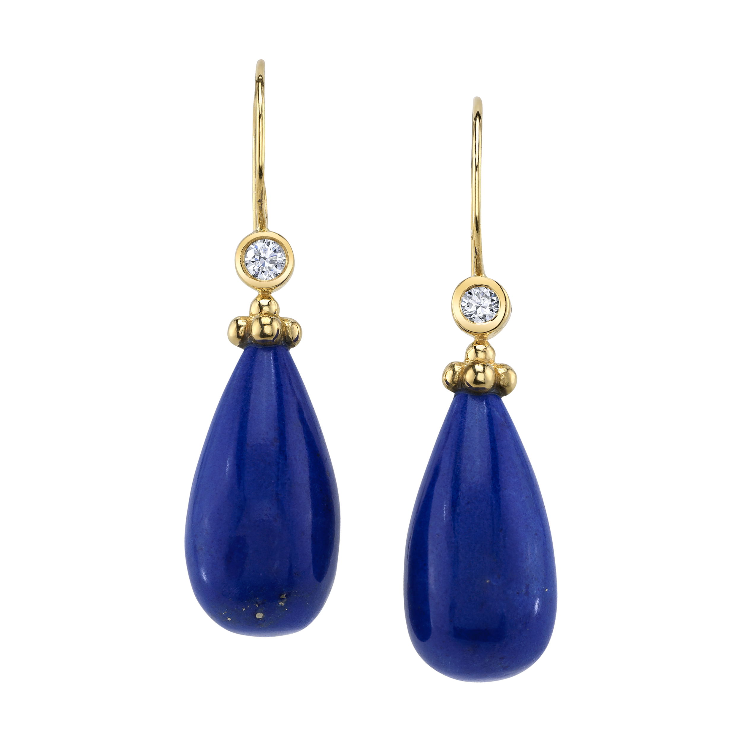 These lapis drop earrings in 18k yellow gold are accented with round diamonds for a hint of sparkle. A versatile piece, they easily complement both casual and formal looks.-18k Yellow gold-Lapis drops-Round diamonds, 0.14ctsItem# ND-EAR-00002 Emmé Earrings