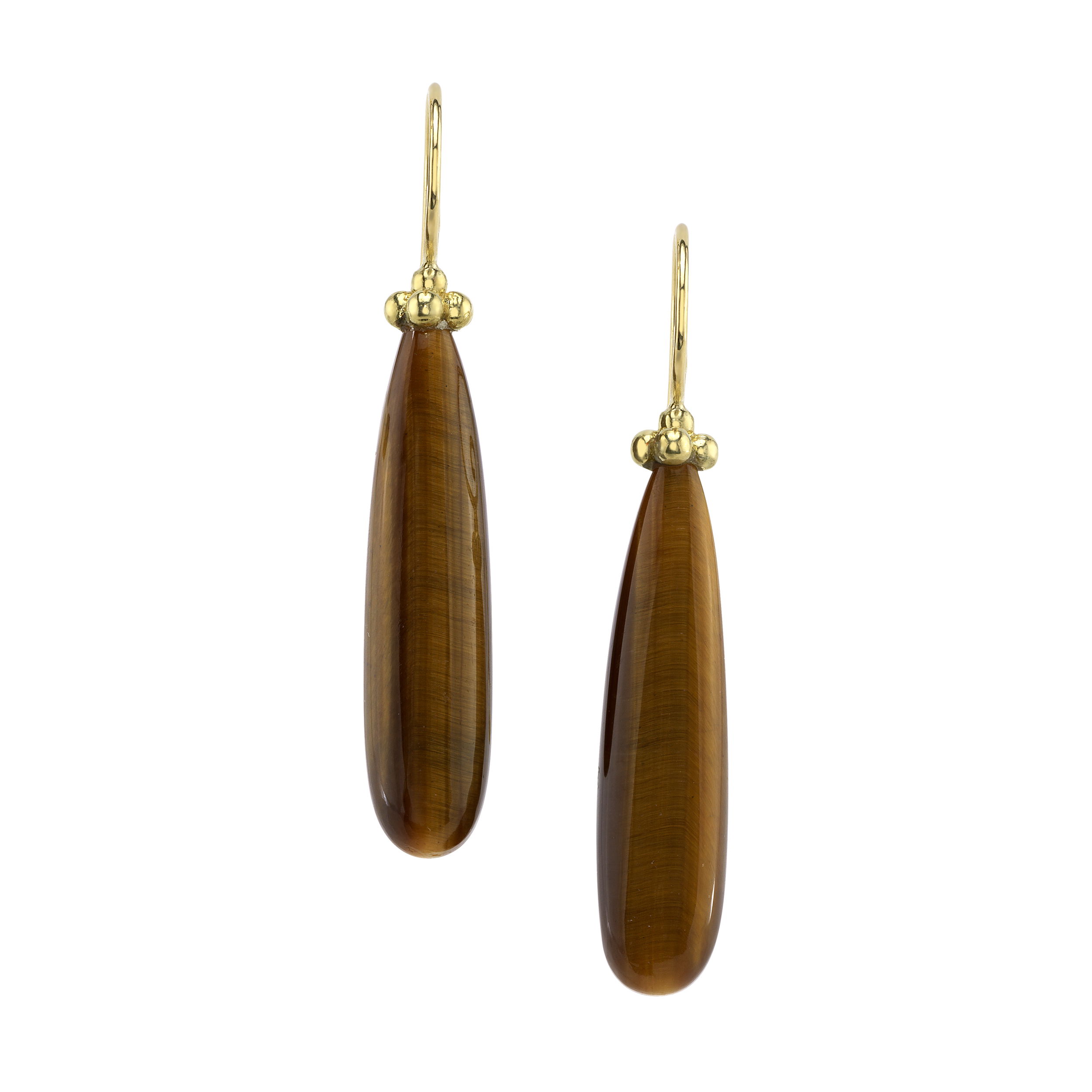These 18k yellow gold earrings are set with tiger’s eye, known for its rich, golden-brown stripes and natural warmth. Easy to dress up or down, they add just the right touch of earthy polish.-18k Yellow gold-Tigers eyeItem# ND-EAR-00003 Tiger's Eye Drop Earrings