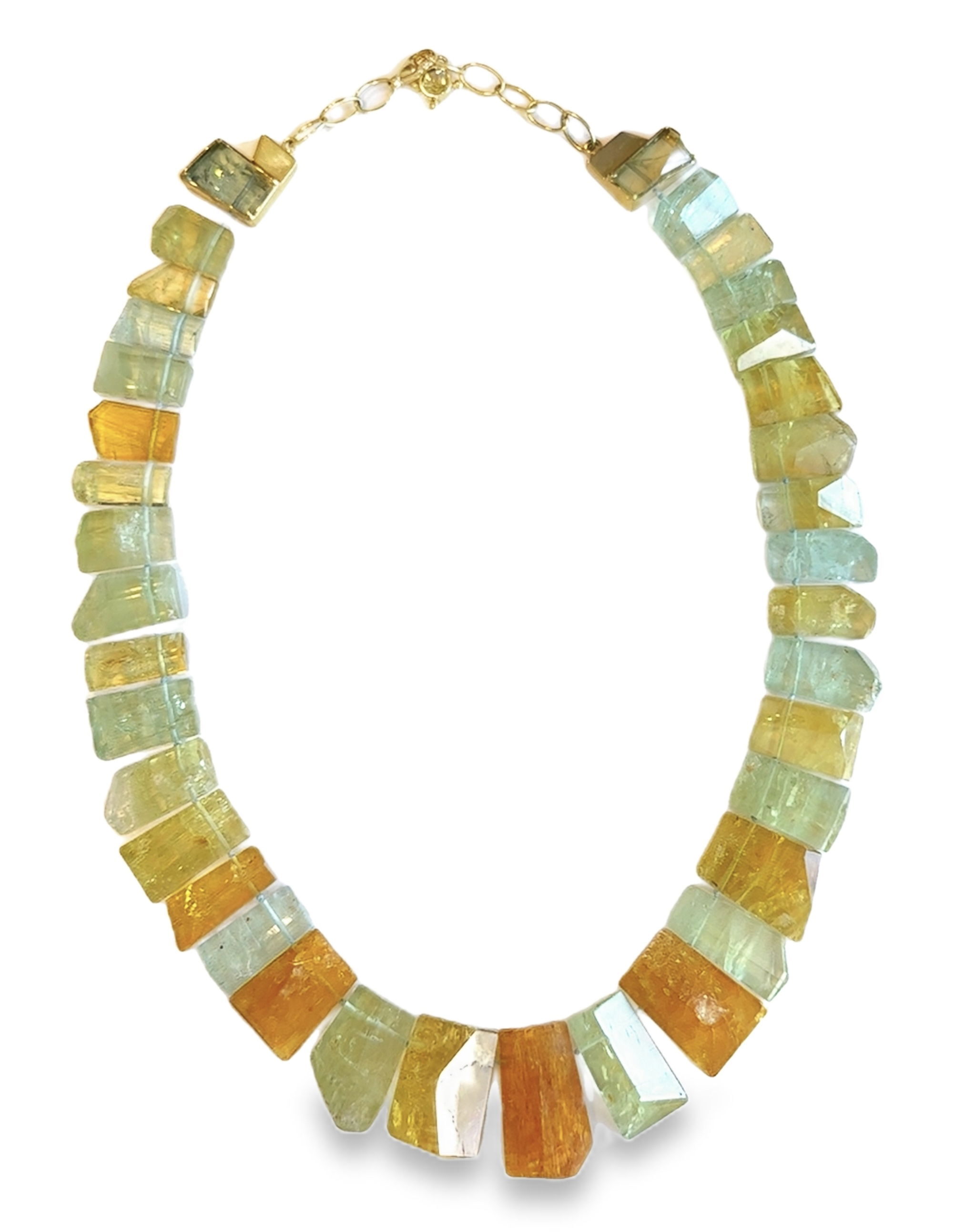 Obsidia pairs warm 18k yellow gold with smooth beryl beads in a supersized silhouette that commands attention. Earthy yet refined, it feels like a treasure unearthed from another world.-18k Yellow gold-Beryl beadsItem# ND-NK-00002 Obsidia Necklace