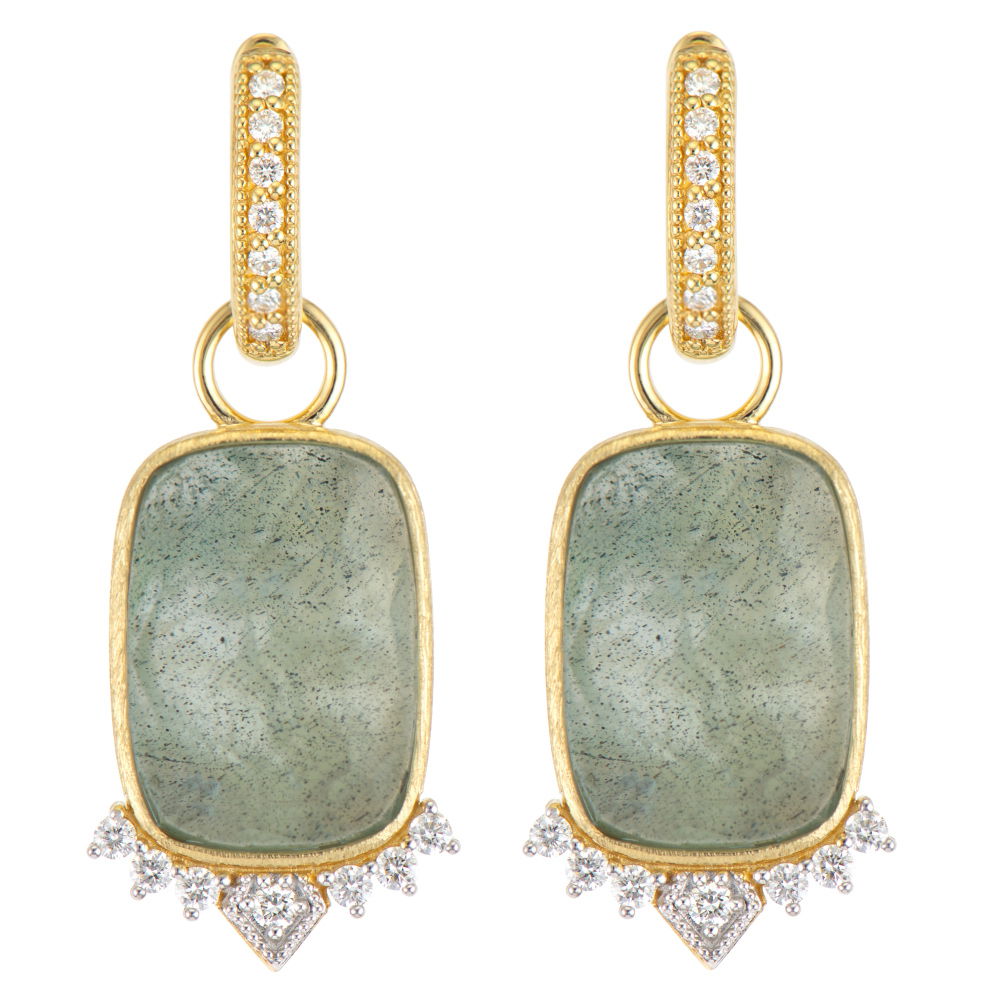 Combining classic elegance with on trend shapes and styles, JFJ offers something for women of all ages. From the Lisse Collection, these charms feature an oval cabochon Labradorite center stone with a row of round diamonds along the bottom and the brushed signature JFJ finish. Hoops and charms sold separately.-18k Yellow gold-Round white diamonds, 0.213cts-Labradorite, 11.72cts-Dimensions, 20mmItem# 809-2000048 Stardust Earring Charms