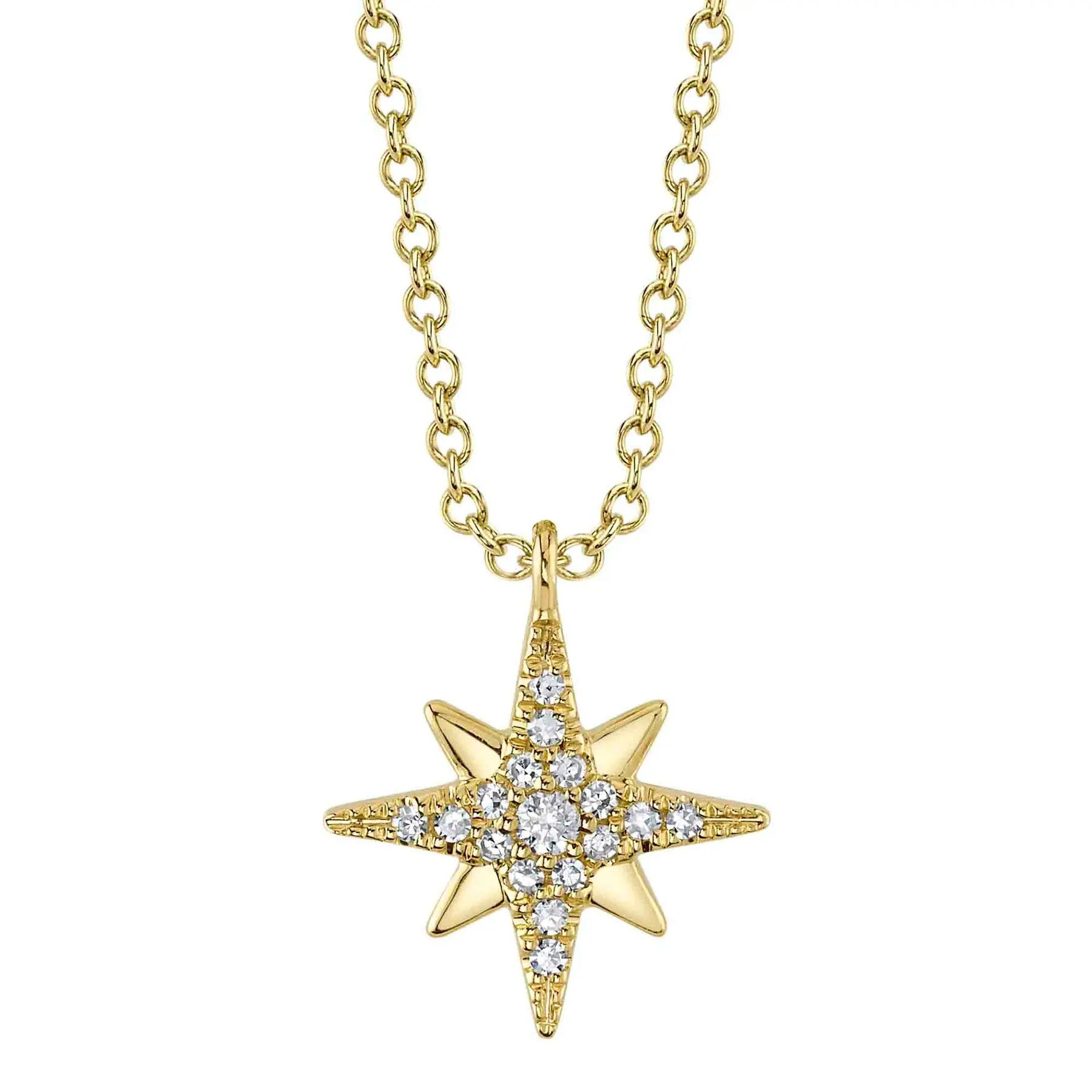 A sleek design with a bold presence that effortlessly commands attention. All Shy Creation diamonds are natural and hand-selected. All stones are unique and hand set. As a result, you can expect slight variations in the shade, hue, tint of the color stones and stone count.-14k Yellow gold-Round diamonds, 0.06cts-Chain length, 15"-18"Item# 807-2000143 Diamond North Star Necklace