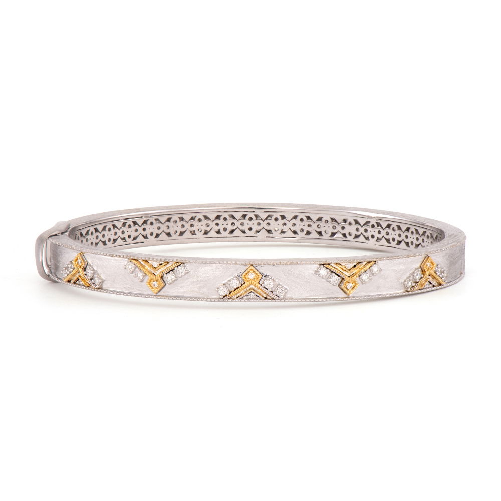Combining classic elegance with on trend shapes and styles, JFJ offers something for women of all ages. From the Lisse Collection, this bangle features five crown elements with round stones that accent the beaded milgrain trim. This piece features the brushed signature JFJ finish.-Sterling silver-18k Yellow gold-Round white diamonds, 0.25cts-Size, 6.5Item# 808-2000118 Empress Crown Bangle