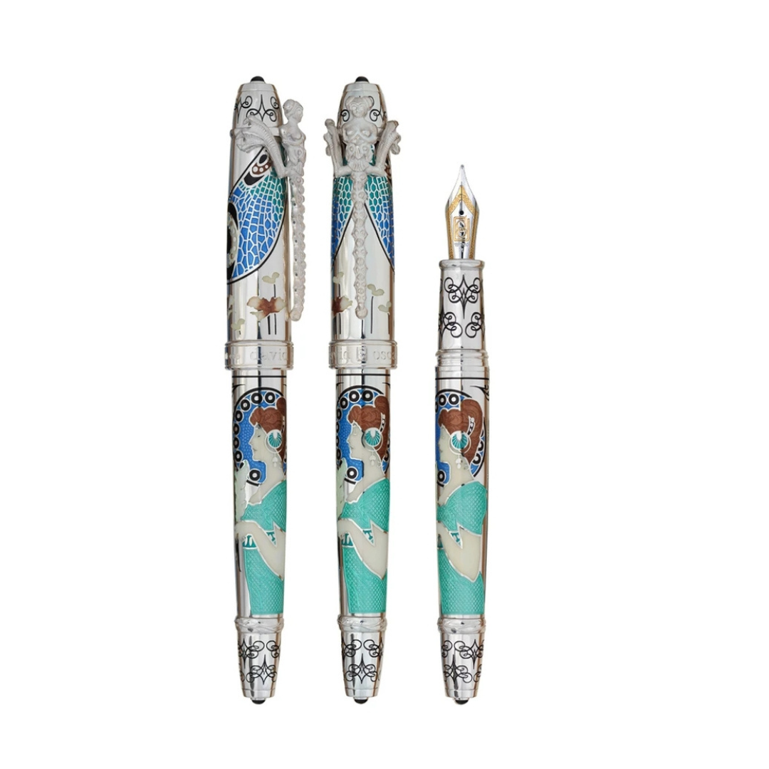 The Art Nouveau Pen by David Oscarson is a limited-edition collectible, crafted from sterling silver with intricate designs that reflect the fluid grace of the Art Nouveau movement. With only 25 pieces available, this pen offers unmatched exclusivity for discerning collectors. Its impeccable balance and luxurious feel make it more than just a writing instrument—it's a work of art. Perfect for luxury pen aficionados, this pen is an exquisite gift that embodies fine artistry and sophistication. Elevate your writing experience with this extraordinary creation.-Sterling Silver-EnamelItem# 750-2000014 Art Nouveau Pen 4/25