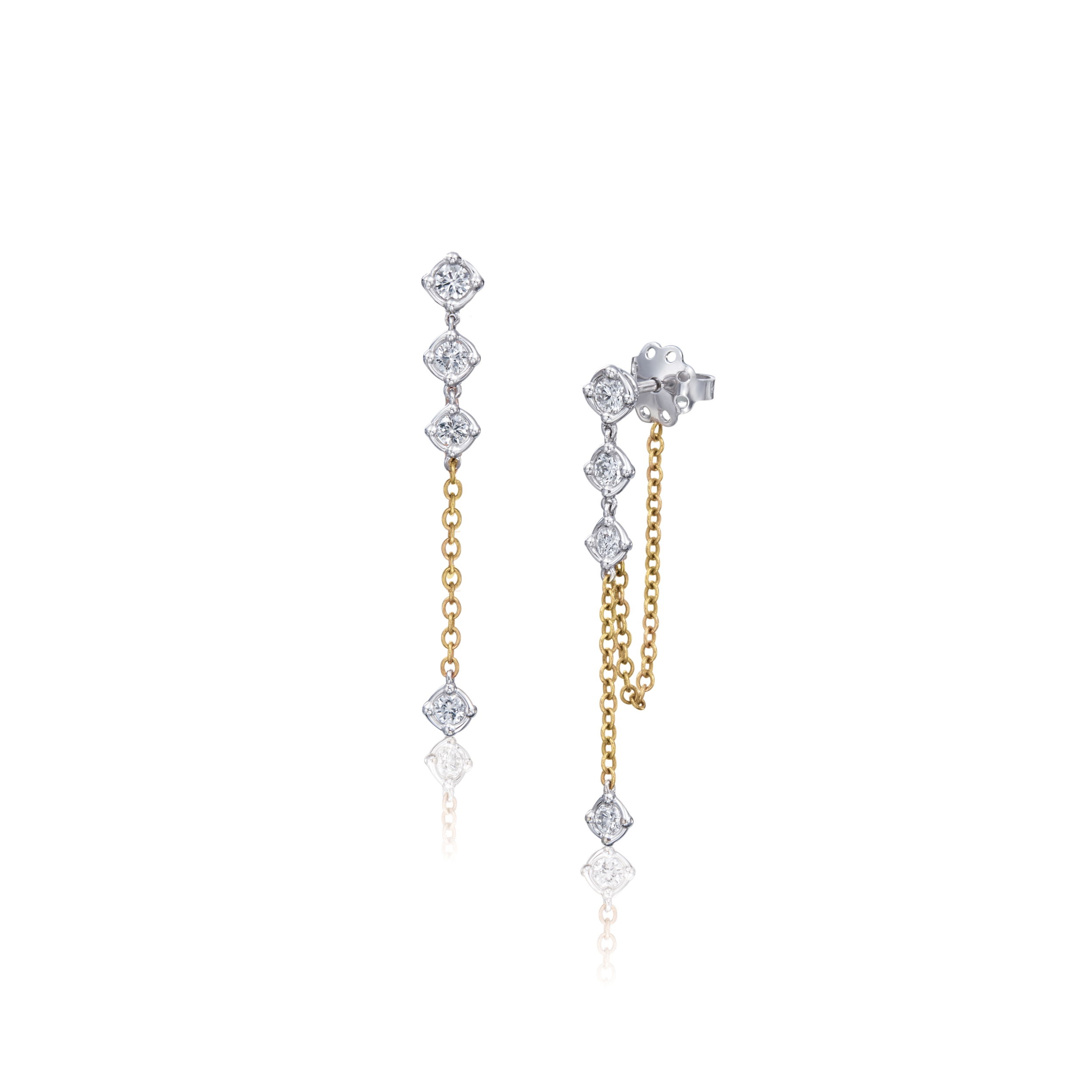 These dangle chain earrings feature delicate stationary diamonds that catch the light with every movement. Their sleek design adds a touch of sophistication, making them an elegant and modern accessory for both everyday wear and special occasions.-18k Two toned gold-Round diamonds, 0.55ctsItem# 805-2000246 Two Toned Chain Dangle Earrings
